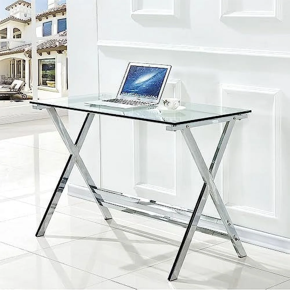 SJOPLMN Modern Glass Computer Desk  Clear Study Table - Gaming Desks  Study Desk  and Workstation Table for Small Spaces - Stainless Steel Frame 43.5" x 21.7" x 29.9"