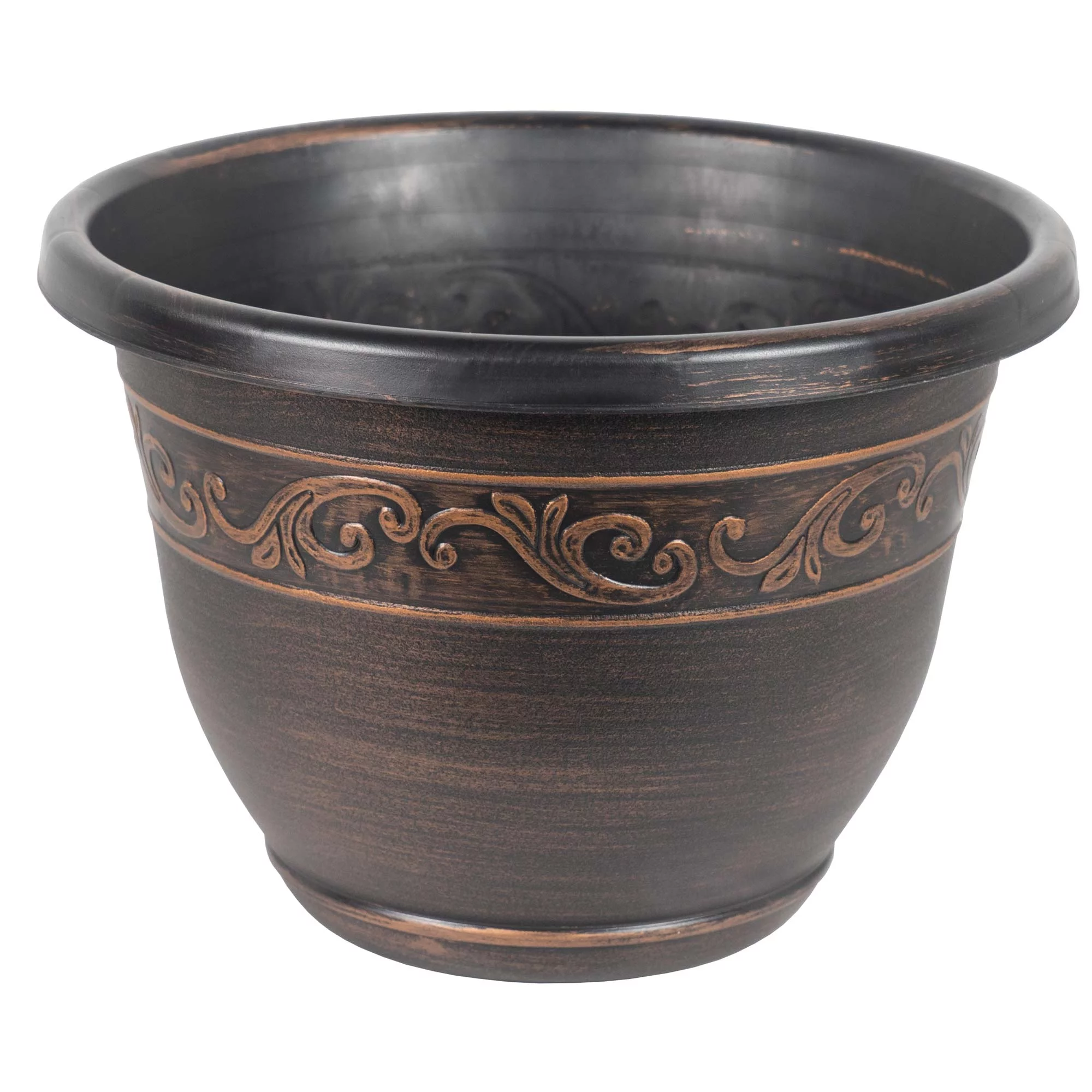 Garden Elements Indoor/Outdoor Plastic Tulip Banded Round Flower Pot Planter, Bronze 13