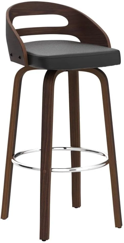 U-ToBe Bar Stools Set of 2, Swivel Bar Height Stools with Low Back, Wood Bar Chairs with Soft Cushion Seat, 30.31-Inch Seat Height (Black, 30