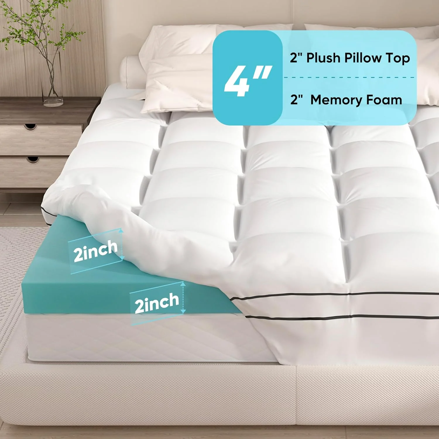 Memory Foam Mattress Topper King Size, Dual Layer 4 Inch Mattress Pad,2 Inch Gel Memory Foam Plus 2 Inch Pillow Top Cover with 8-21 Inch Deep Pocket