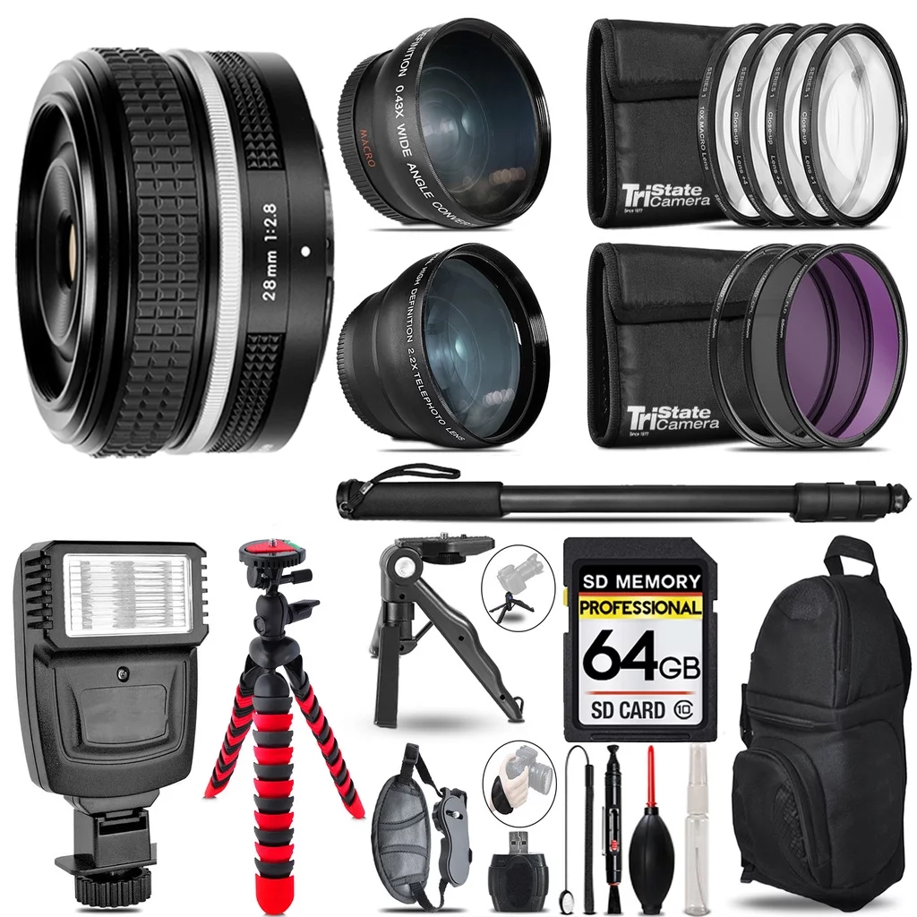 Nikon NIKKOR Z 28mm f/2.8 (SE) Lens -3 Lens Kit + Slave Flash + Tripod - 64GB Accessory Bundle