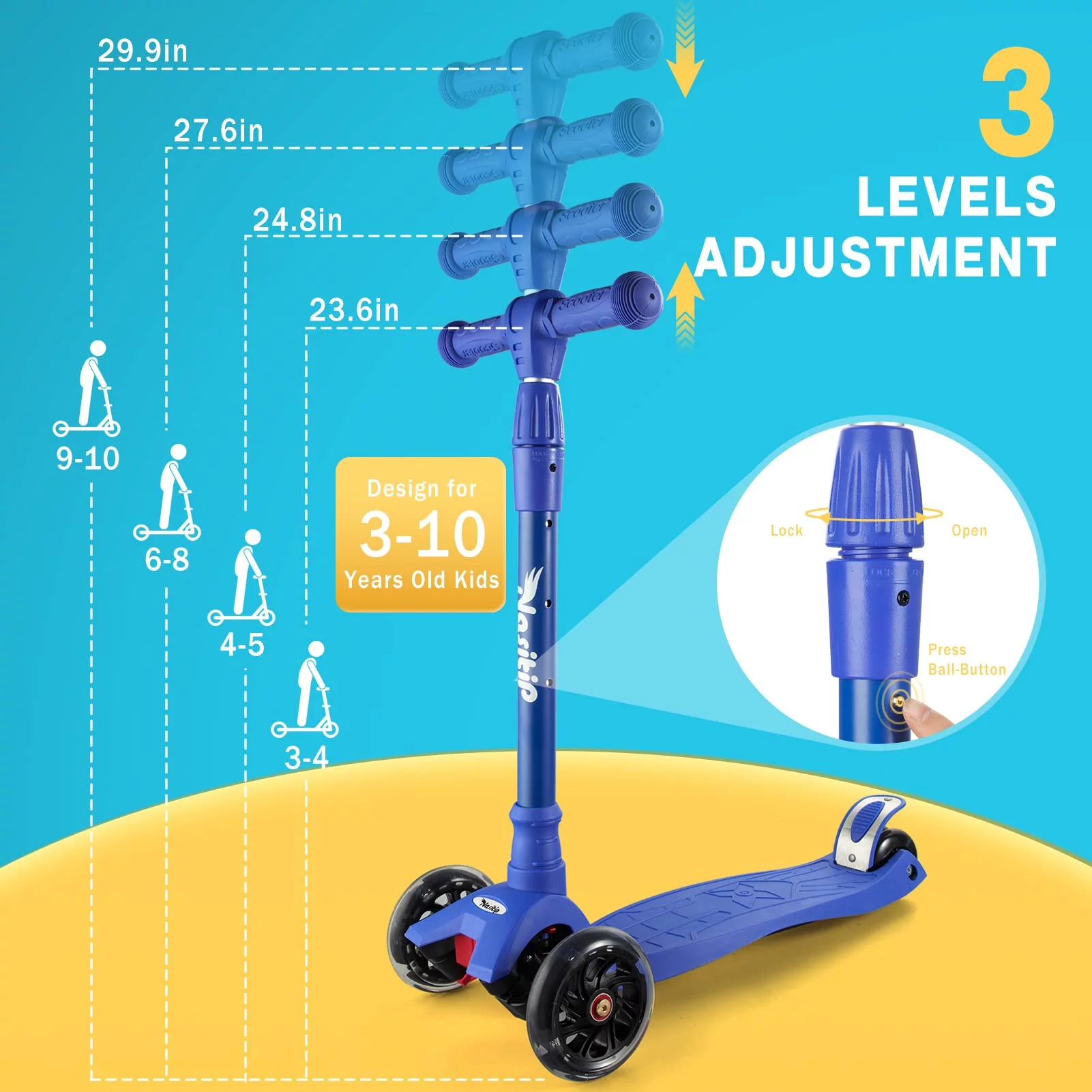 Scooters for Kids Age 3-5, Kick Scooter for Boys Girls Toddlers, 4 Adjustable Height, AEBC-9 Bearing, 3 Light Up Wheels, Lean to Steer, Outdoor Activities for Children from 3 to 12 Years Old
