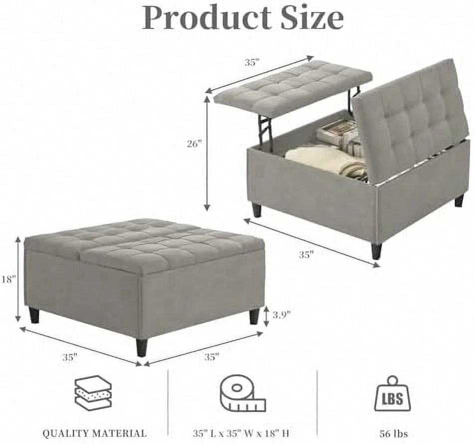 GEROBOOM Large Square  Ottoman  35" Tufted Ottoman with   Oversized Ottoman Coffee Table with Lift Top  for Living Room  Bedroom  Office (Light Grey)