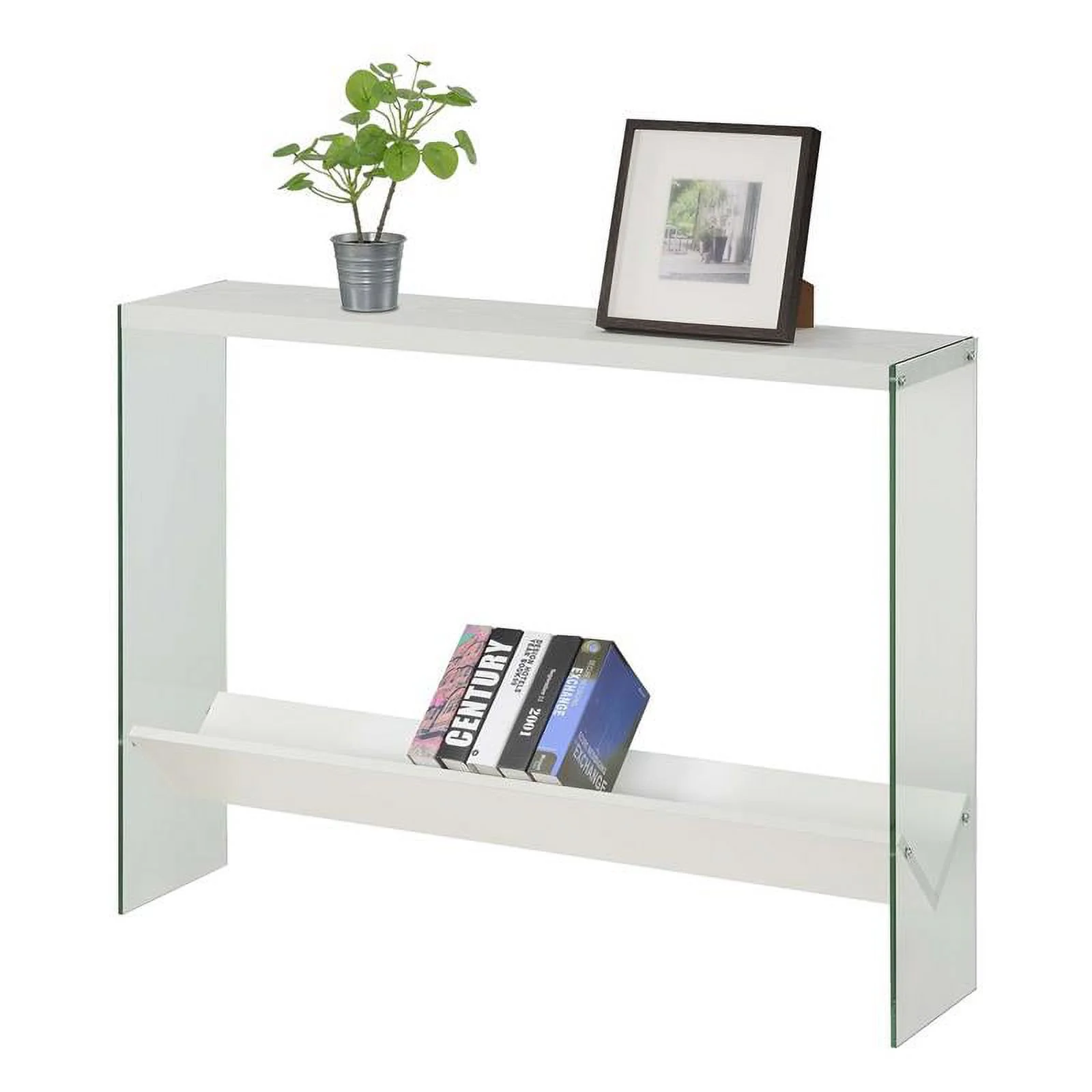 Pemberly Row Modern V Console Table with Shelf in White Wood Finish
