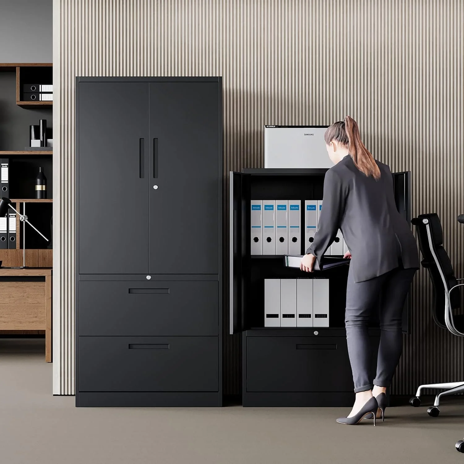 U-SHARE File Cabinet 1 Drawer, Metal File Cabinet with Lock, Lateral Filing Cabinet with Doors & Adjustable Shelves for Home Office, Living Room, Pantry, Gym, Basement, Warehouse, Black