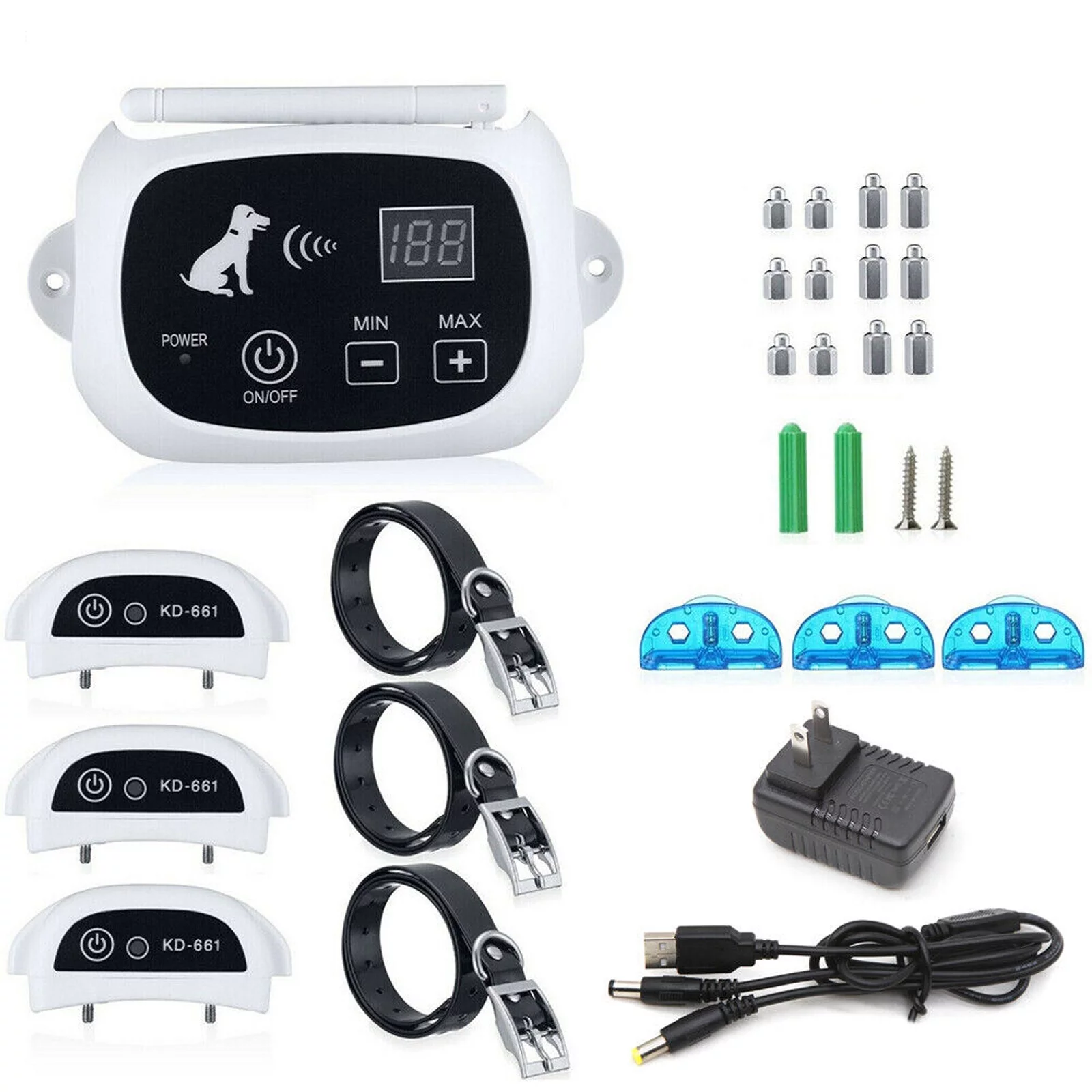 Wireless Dog Training Collar Boundary Containment System, Dog Boundary Containment System Radius Remote Control Transmitter, 3-Dog System, Wired Transmitter and Wireless receiver