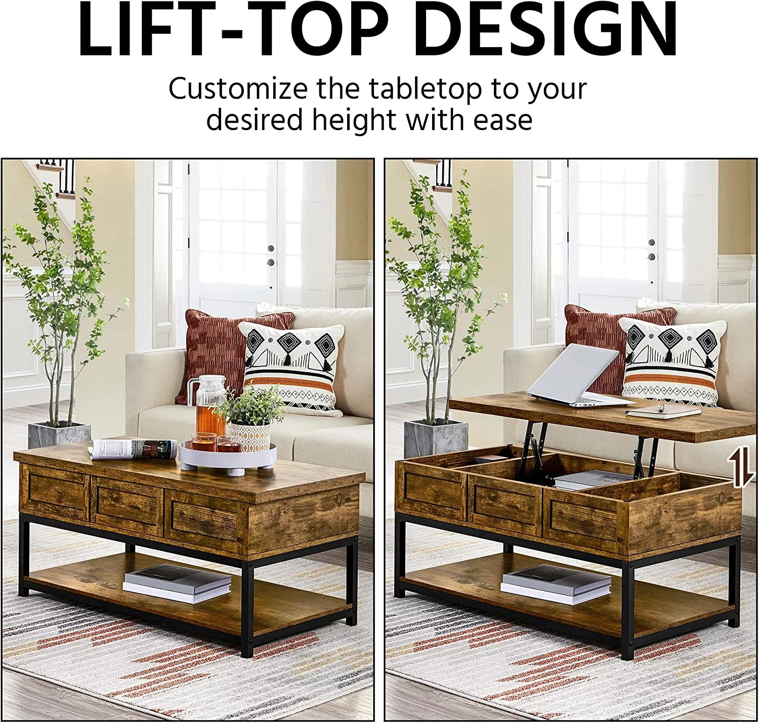 Coffee Table, 40in Lift Top Coffee Table, Rustic Industrial Lift Up Center Table with Storage Compartments & Shelf for Living Room Reception, Rustic Brown
