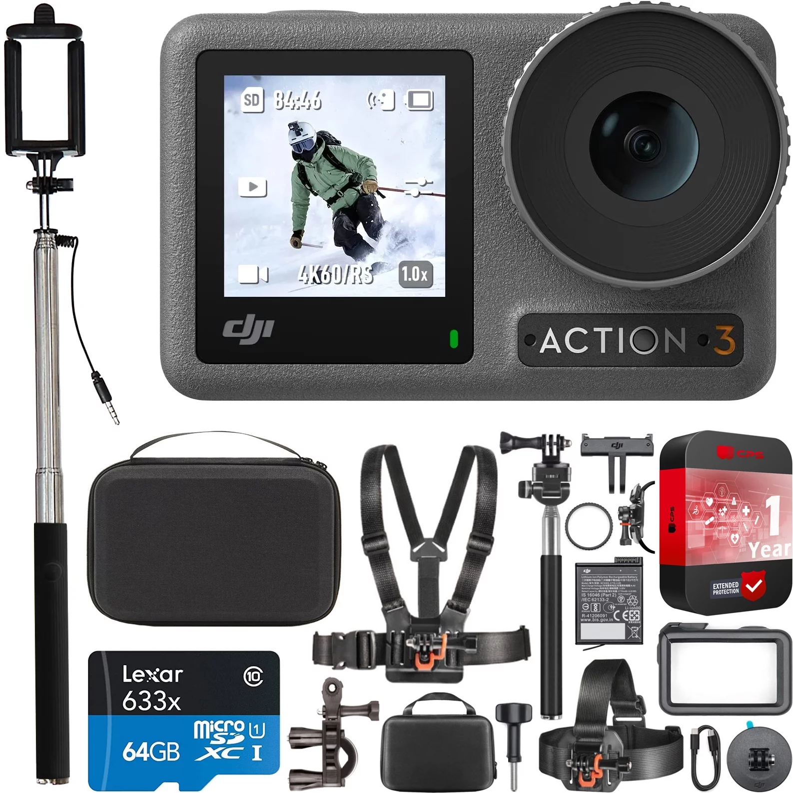 DJI Osmo Action 3 Standard Combo Outdoor Action Camera 4K HDR Vlog Bundle with Extended Protection + Deco Gear Chest/Head/Helmet/Handlebar Attachment Accessories Kit + 42