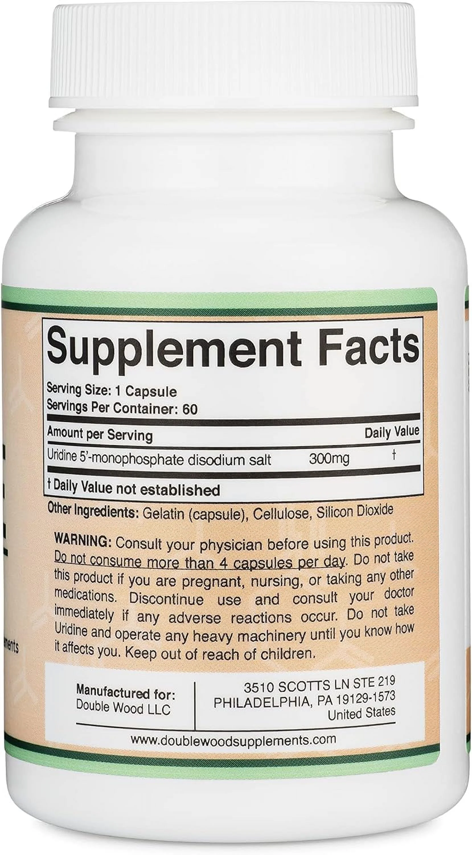 Uridine Monophosphate - Third Party Tested (Choline Enhancer, Beginner Nootropic) 300mg, Manufactured in USA (60 Capsules) Synergy with Alpha GPC Choline for Brain Health and Memory by Double Wood