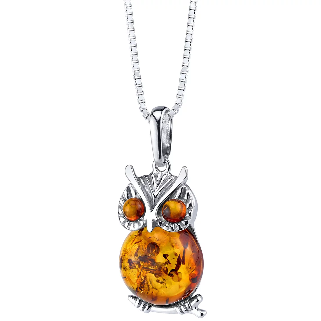 Baltic Amber Owl Pendant Necklace in Sterling Silver, 18