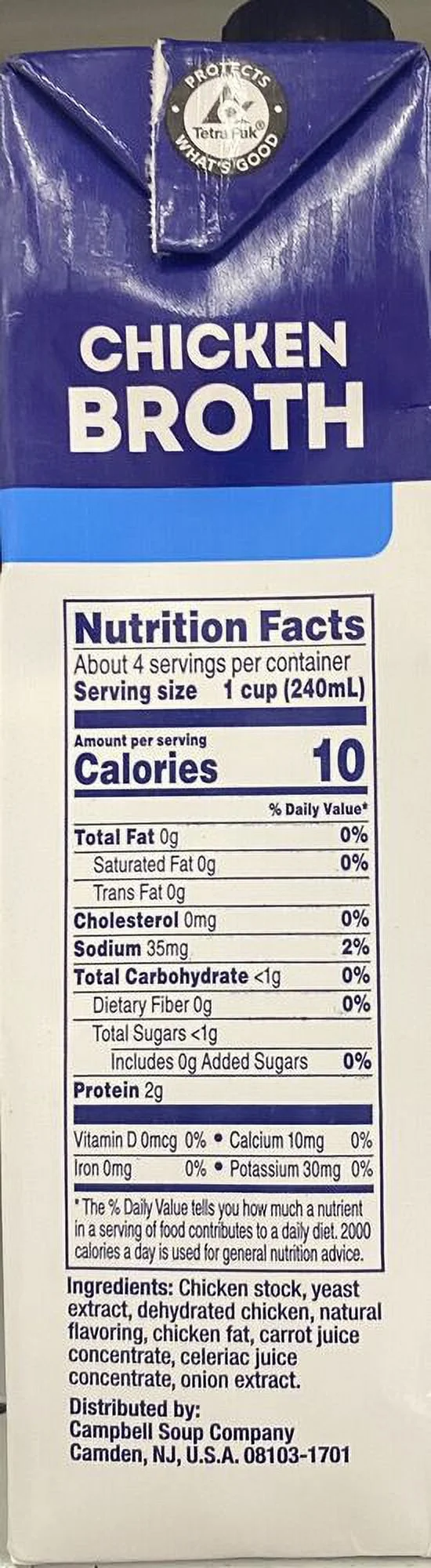 Chicken Broth 100% Natural UNSALTED GLUTEN FREE - 32 oz Carton 2 Lbs
