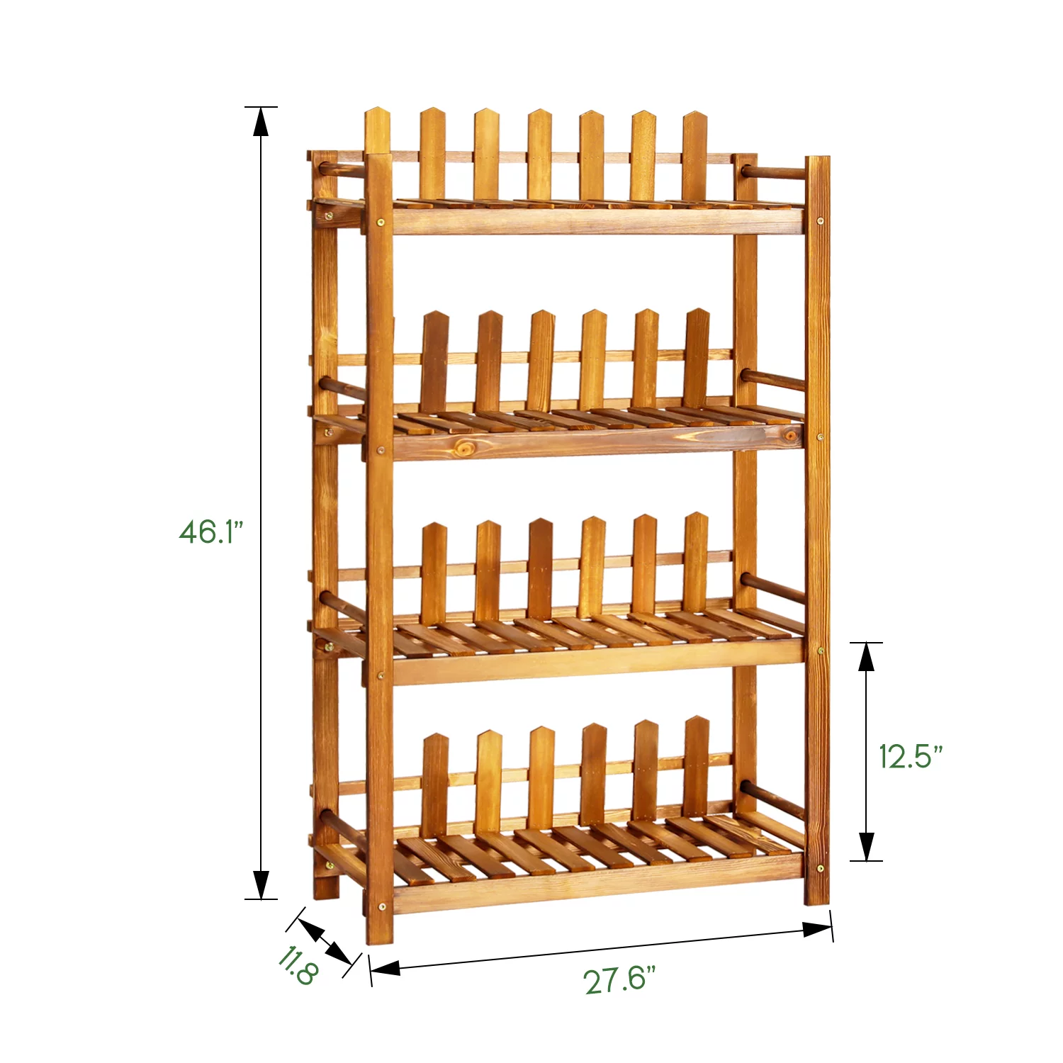 MoNiBloom Wood 4 Tiers Plant Stand, Fence Flower Rack, Display Shelf, Carbonized, for Garden Balcony