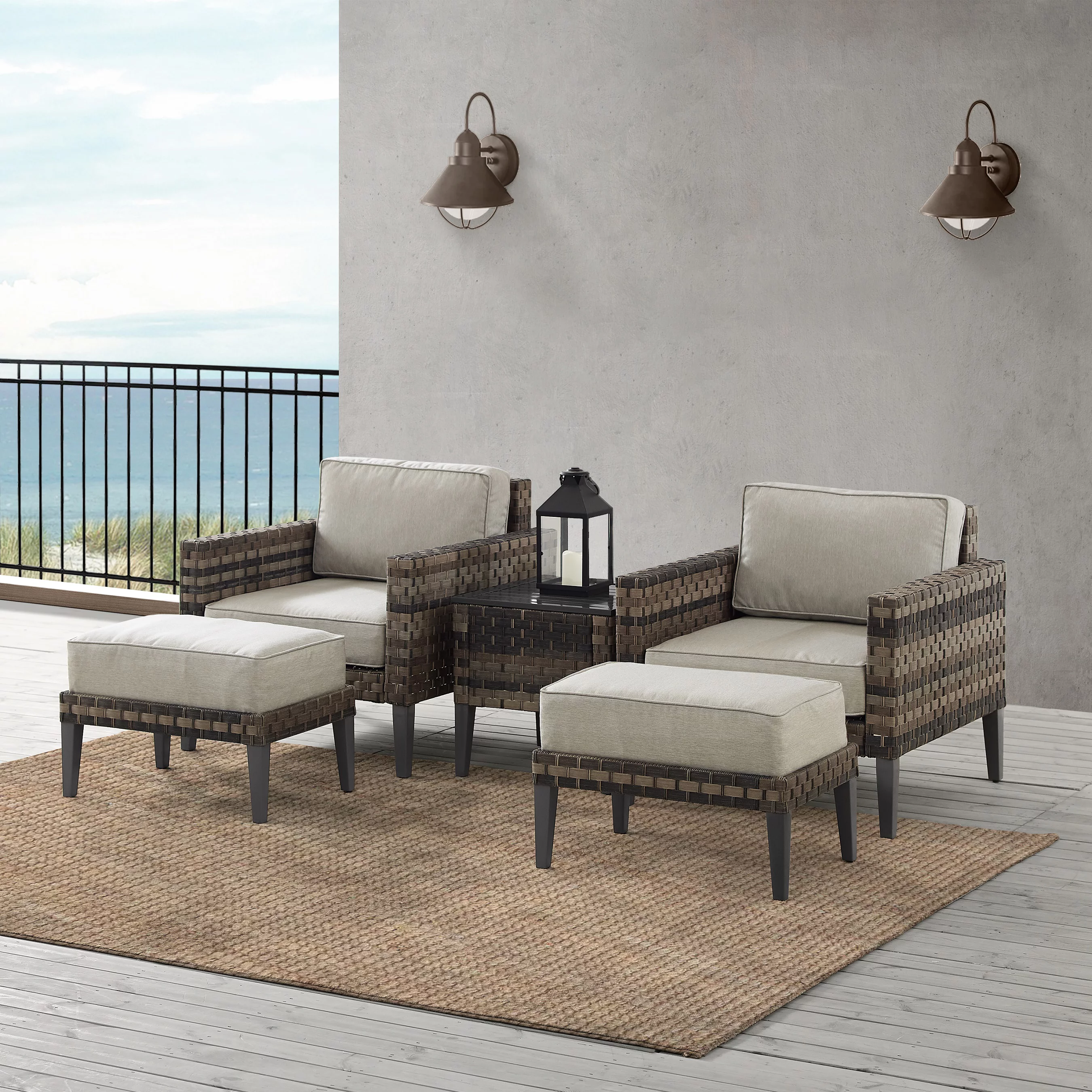 Crosley Furniture Prescott 5Pc Outdoor Wicker Armchair Set Taupe/Brown - Side Table, 2 Armchairs, & 2 Ottomans