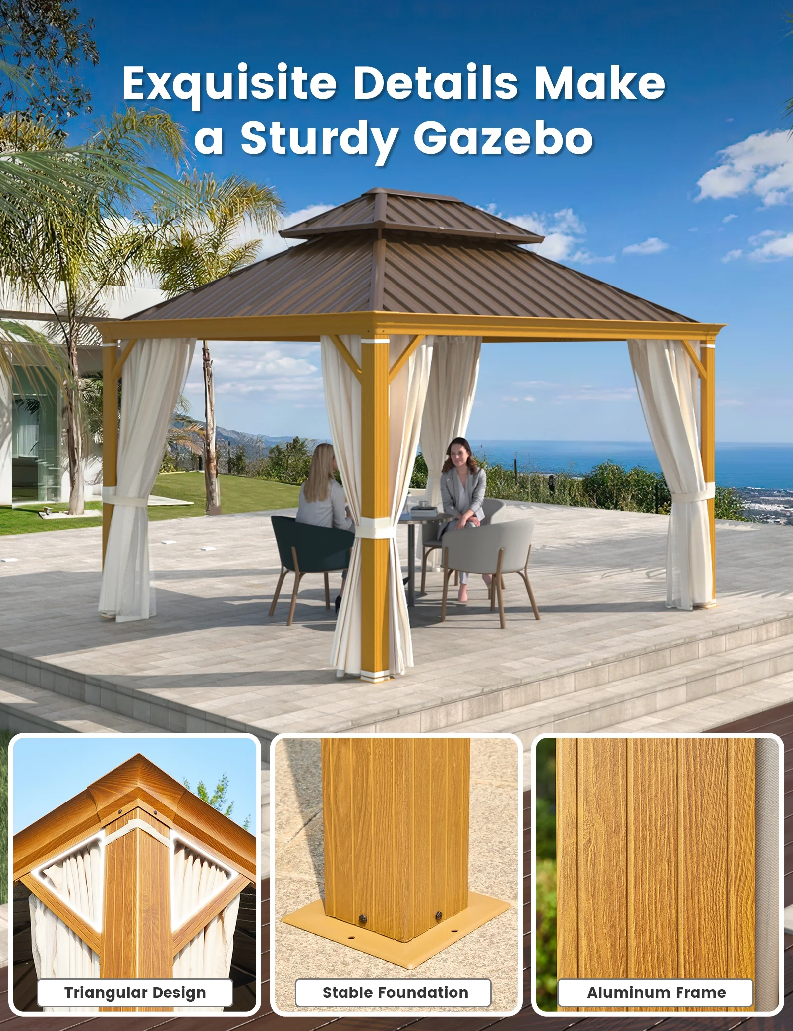 Hommow 10' x 12' Hardtop Gazebo, Wooden Finish Coated Aluminum Frame Gazebo with Double Roof