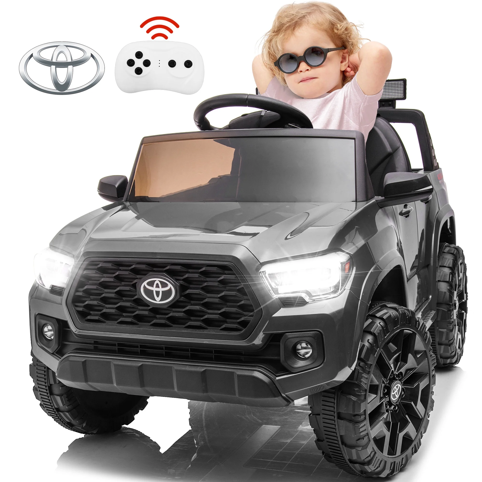 12V Toyota Tacoma Ride On Car with Remote Control Battery Powered Ride on Toy with USB, AUX, MP3, FM Function and LED Light Kids Electric Vehicle for Boys Girls 3-5 Ages, Gray