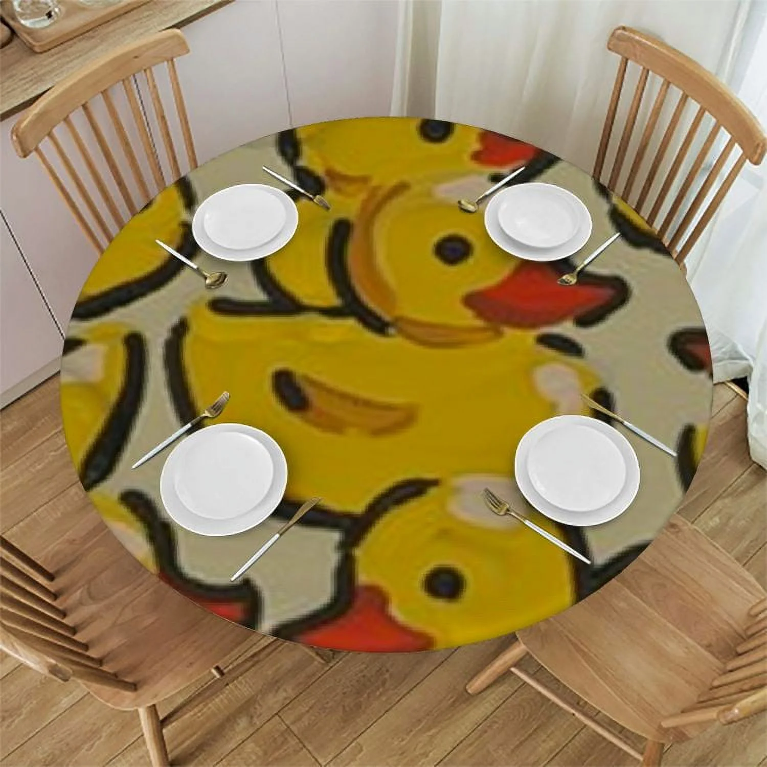 Xllo0ord  Cute Rubber Ducks Tablecloth with Elastic Edge, Round Table Cloth Yellow Cartoon Ducky Washable Reusable Table Cover for Kitchen Dining Party Picnic, Small White