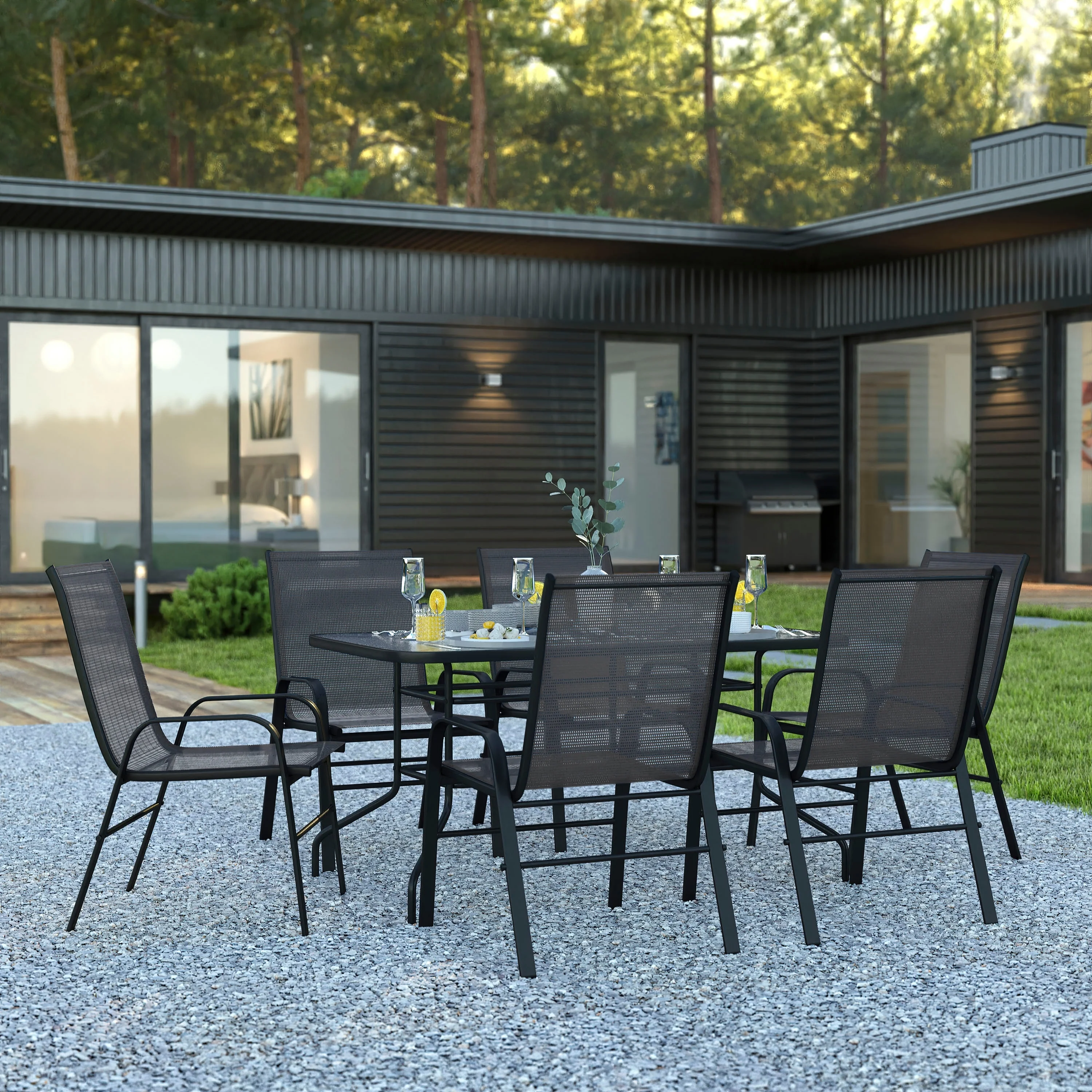 Lancaster Home 7 Piece Patio Dining Set - Glass Table, 6 Flex Stack Chairs Brown