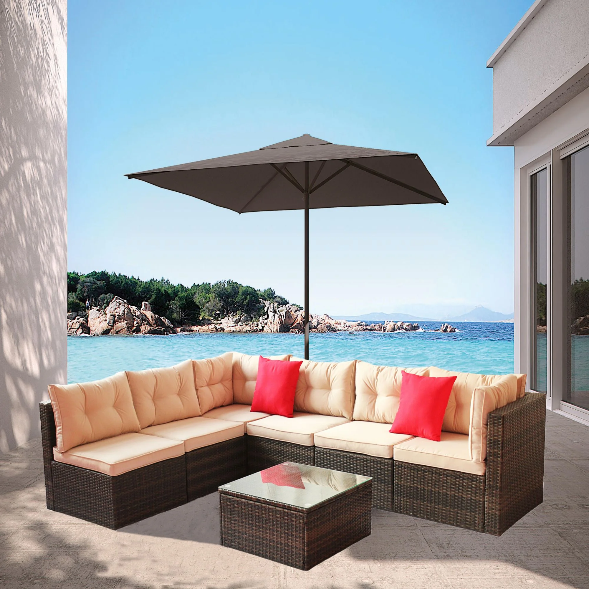 7-Piece U-Shaped Patio Furniture, Outdoor Wicker Conversation, All Weather PE Rattan Sectional Sofa Set Wicker Sofa Ideal for Garden, Porch, Backyard