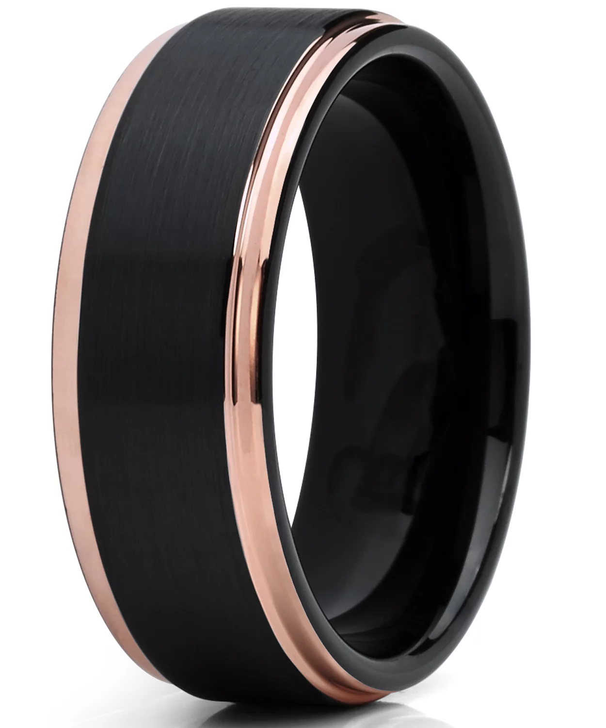 Metal Masters Men's Tungsten Carbide Black and RoseTone Brushed Raised Center Wedding Band Engagement Ring, Comfort Fit 8
