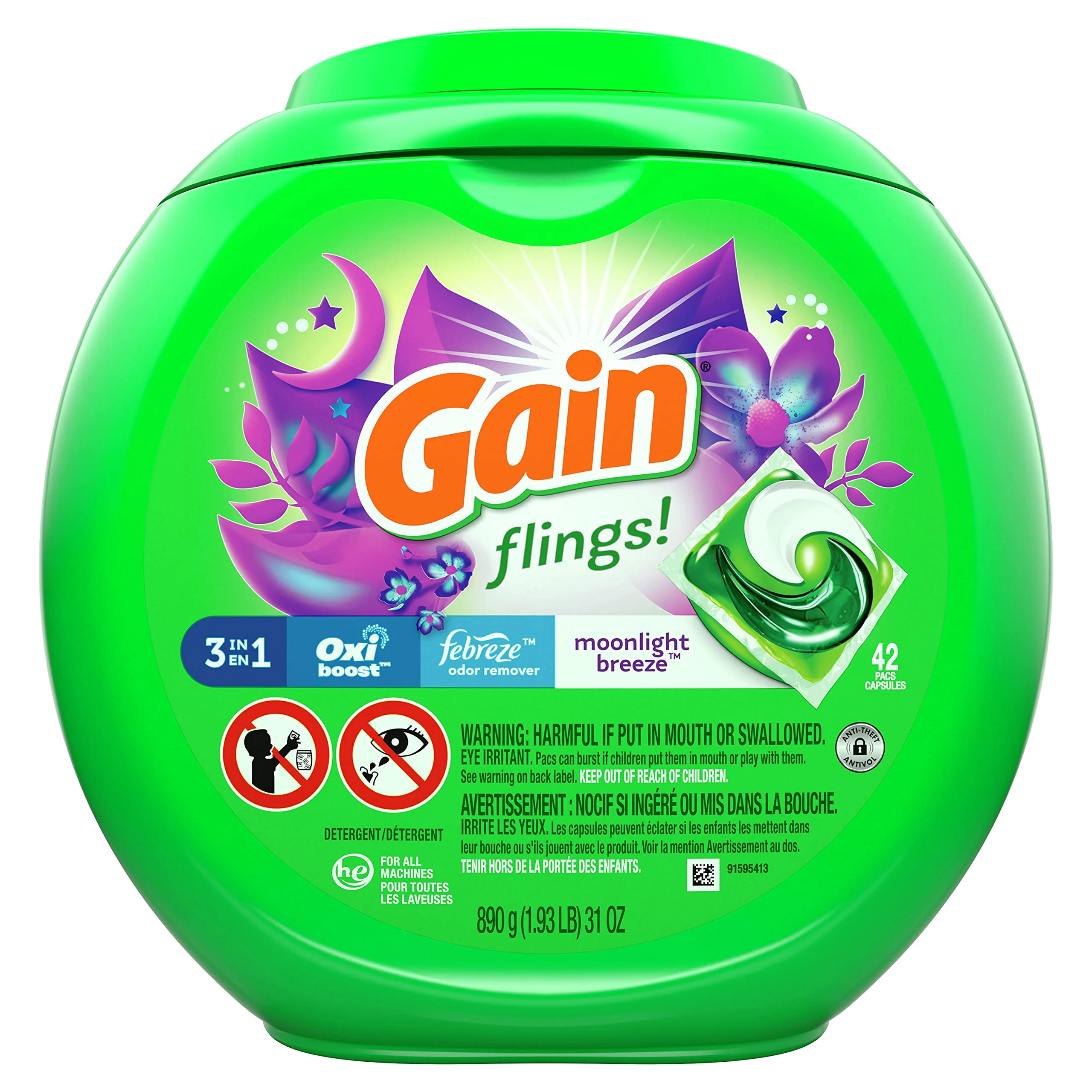 Gain Flings! Liquid Laundry Detergent Pacs, Moonlight Breeze, 42 Count