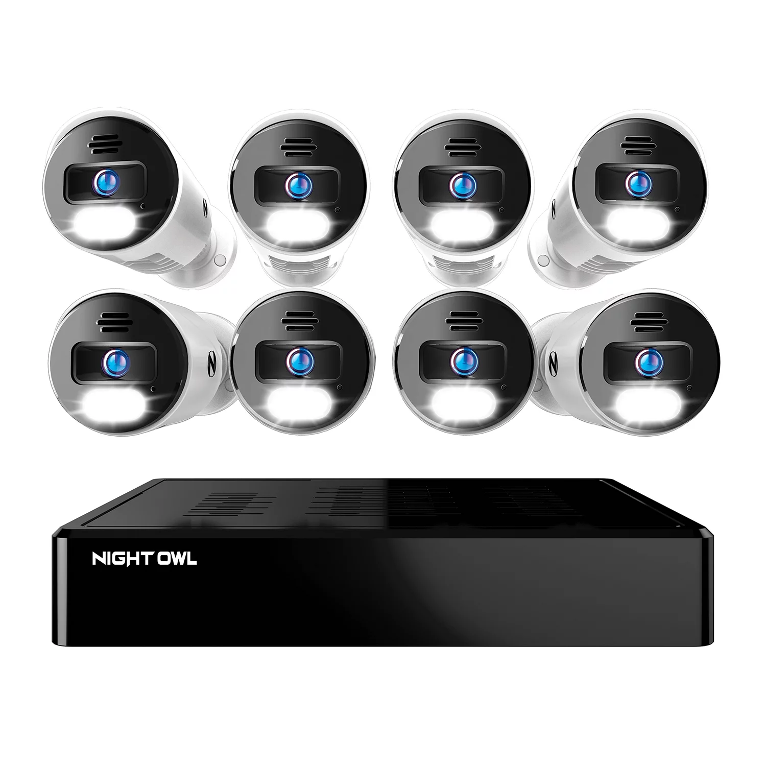 Night Owl 8 Channel 4K Bluetooth NVR with 2TB Hard Drive and 8 Wired IP 4K Spotlight Cameras with 2-Way Audio and Audio Alerts and Sirens