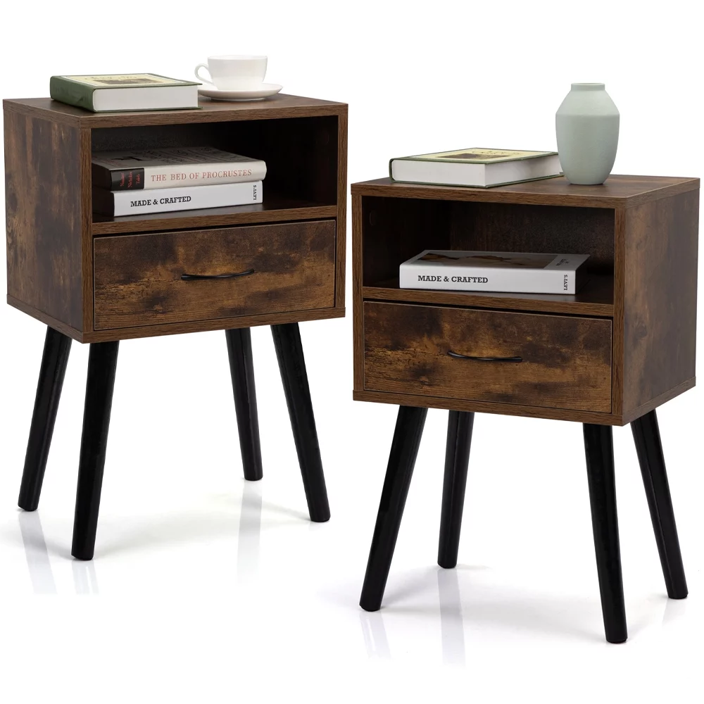iRerts End Tables Bedroom Set of 2, Wood Nightstand Side Table with Drawer and Storage Shelf, Modern Night Stand Bedside Tables for Living Room Bedroom, Rustic Brown