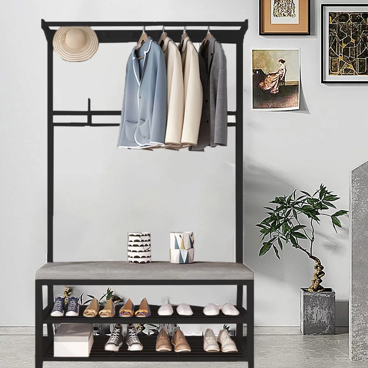 3 in 1 Entryway Hall Tree Coat Rack with Shoe Storage Bench Industrial Entryway Bench for Hallway or Living Room, Black