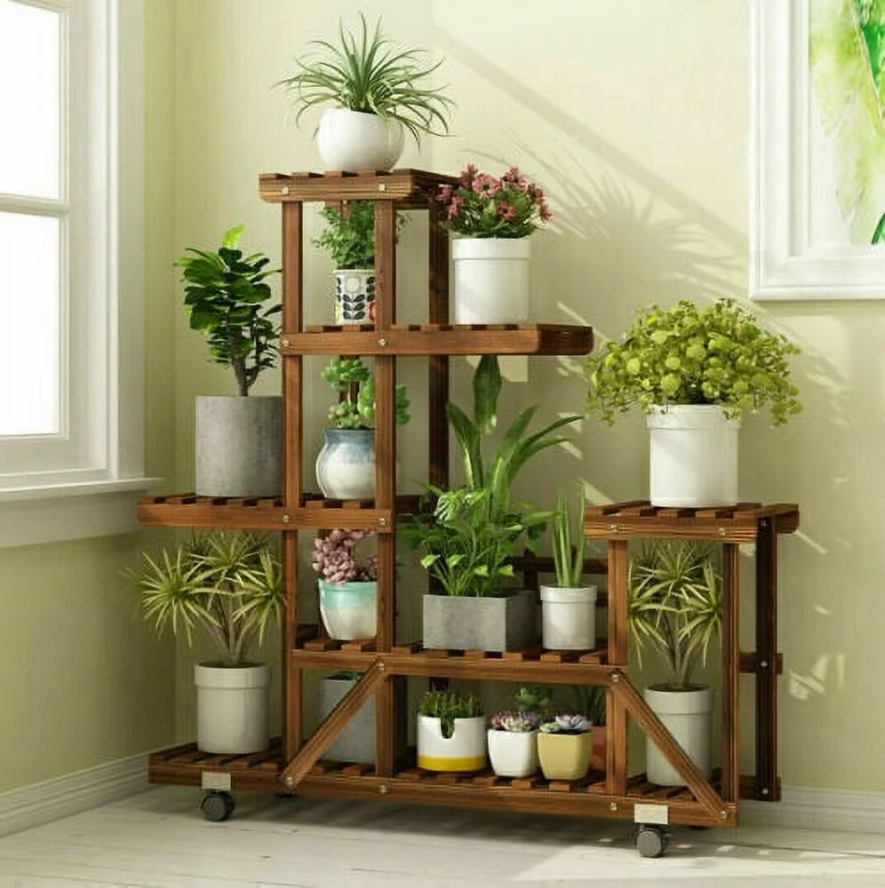 6 Tier Wood Plant Stand Vertical Carbonized Multiple Holder