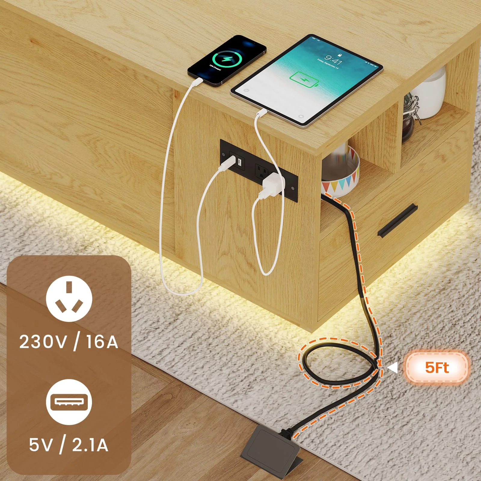 4 in 1 Lift Top Coffee Table with LED Light and Power Strip, Multi-Function Wood Coffee Table for Living Dining Room, Oak Color