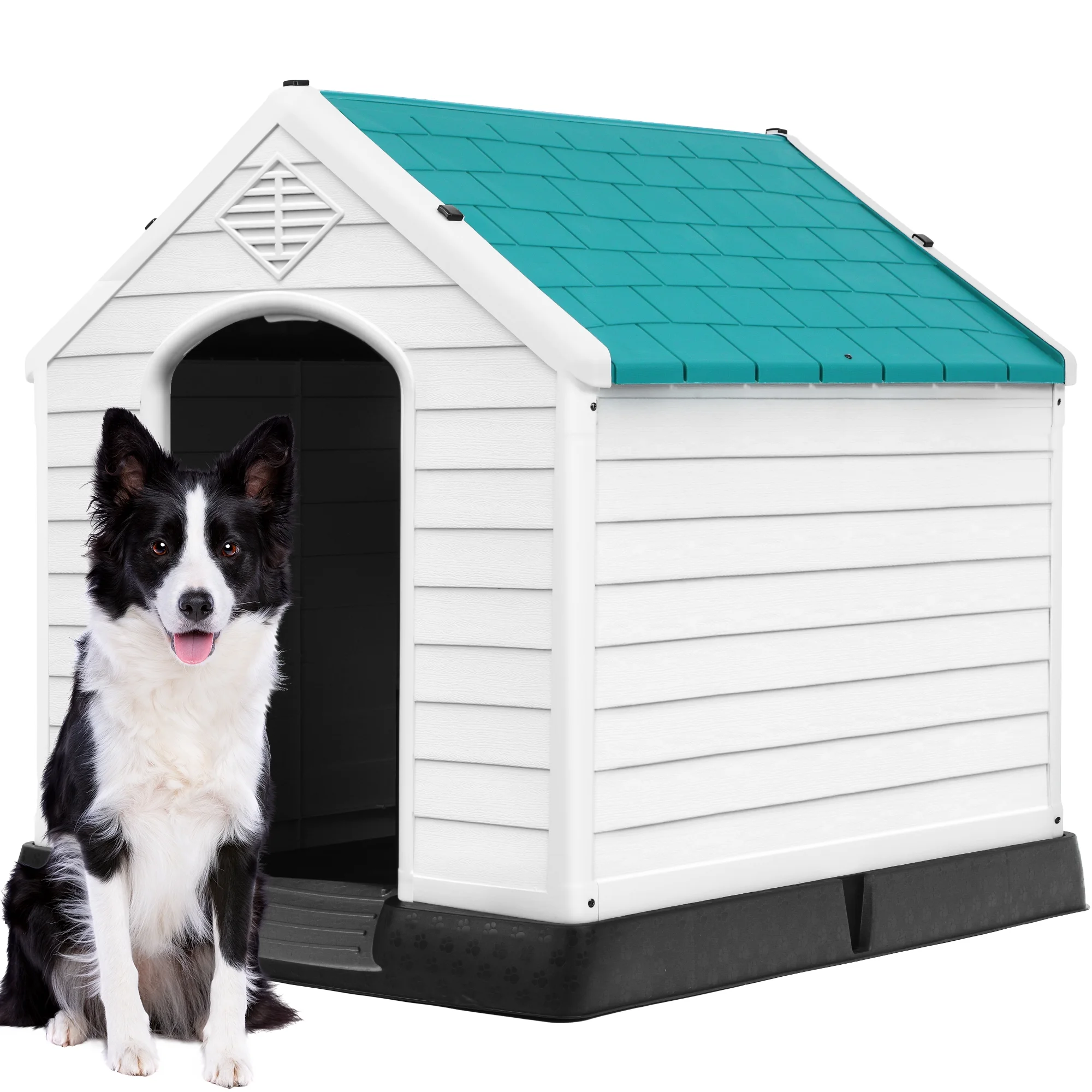 Dextrus Plastic Dog House,Outdoor Indoor Waterproof Dog Houses with Elevated Floor and Air Vents,Durable Ventilate & Easy Clean and Assemble,34.5''L x 30.9''W x 32''H,Blue