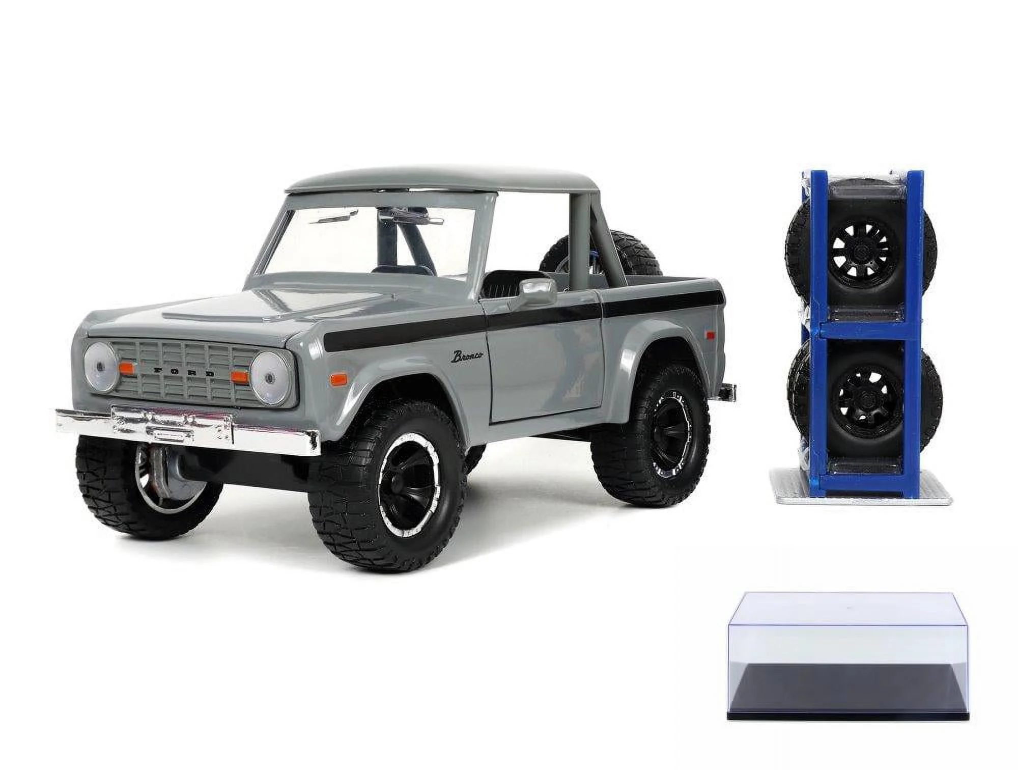 Diecast Car w/Display Case - 1973 Ford Bronco Pickup Truck with Extra Wheels, Gray - Jada Toys 33849 - 1/24 scale Diecast Car