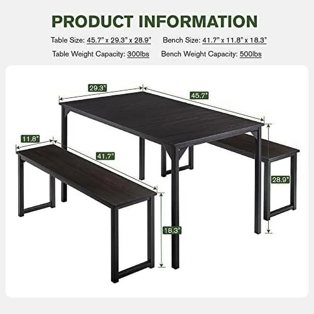 TJUNBOLIFE Dining Table Set for 4-6 Modern Rustic Table with Metal Frame and Wood Board for Kitchen & Dining Room with  Space-Saving Dinette for Small Space Black&Walnut  3-Piece