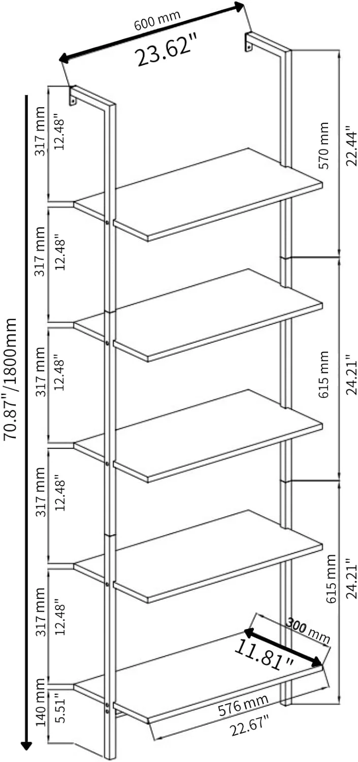 U-ToBe  Ladder Shelf 5 Tier Wall Mounted Bookcase with Metal Frame, Open Design Shelves for Living Room, Bedroom, Home, Office