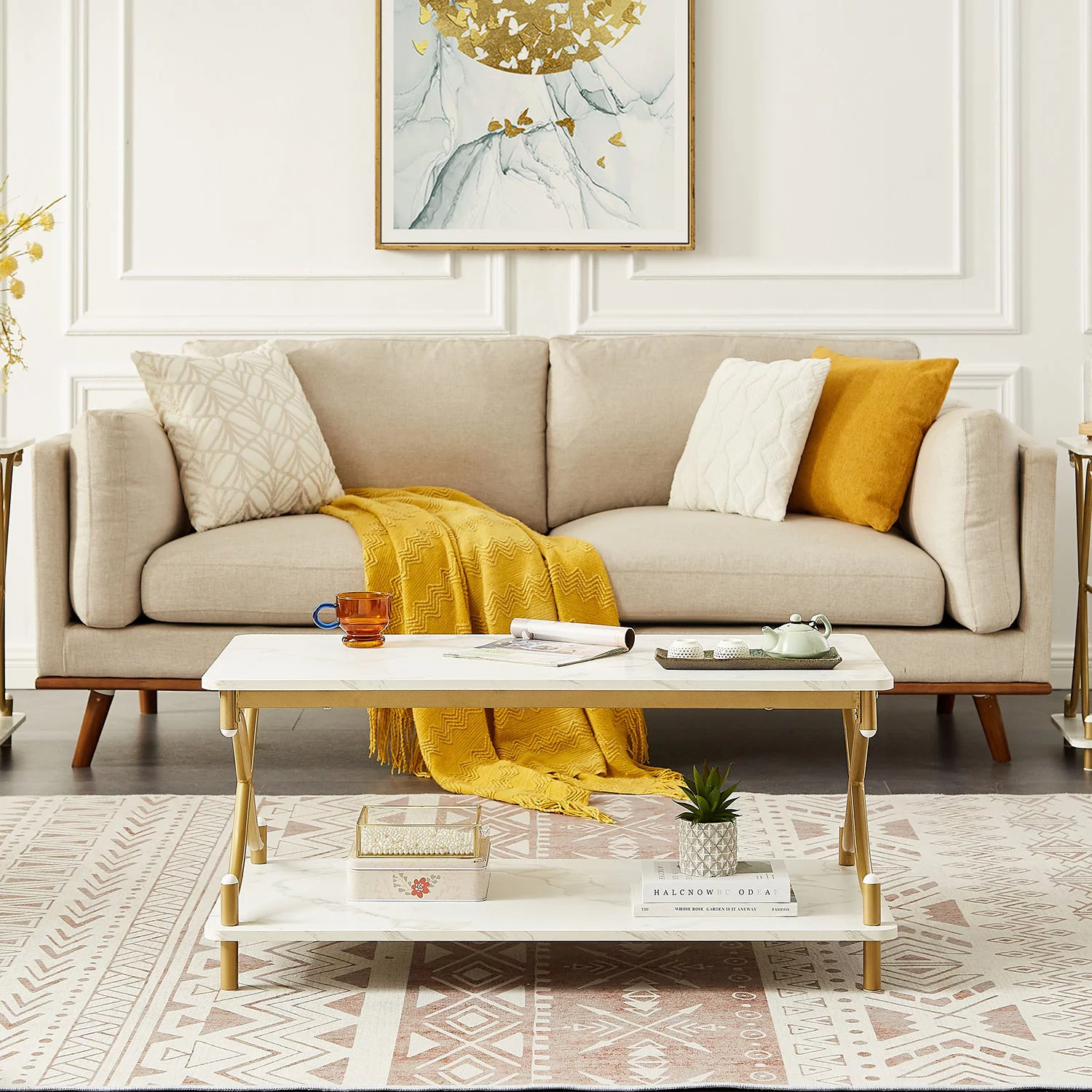 VECELO 3-Piece Coffee Table Set with Coffee Table + 2 End Tables, Modern X-Shaped Design Living Room Table Set, Gold