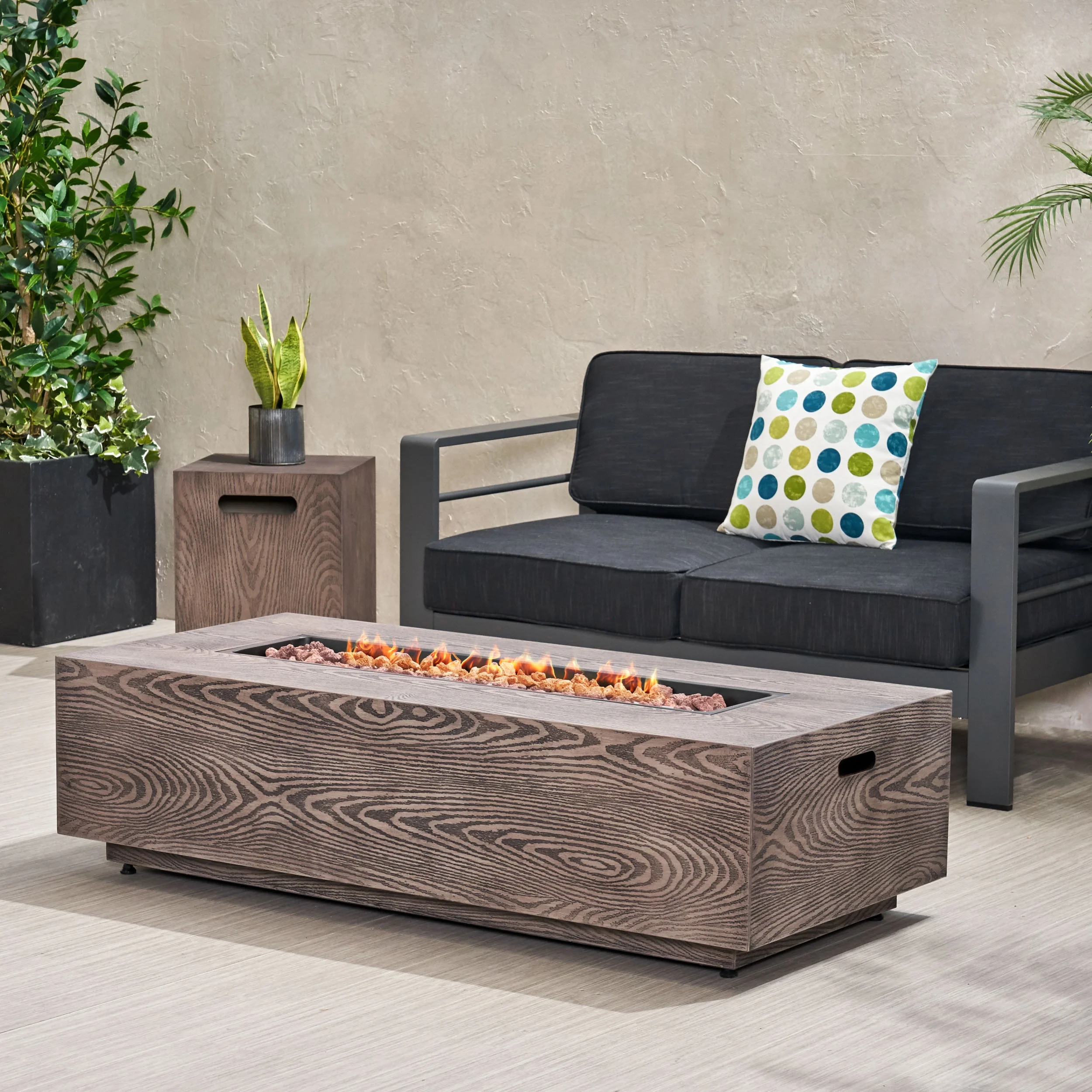 GDF Studio Bremen Outdoor 50,000 BTU Rectangular Fire Pit with Tank Holder, Brown Wood Pattern