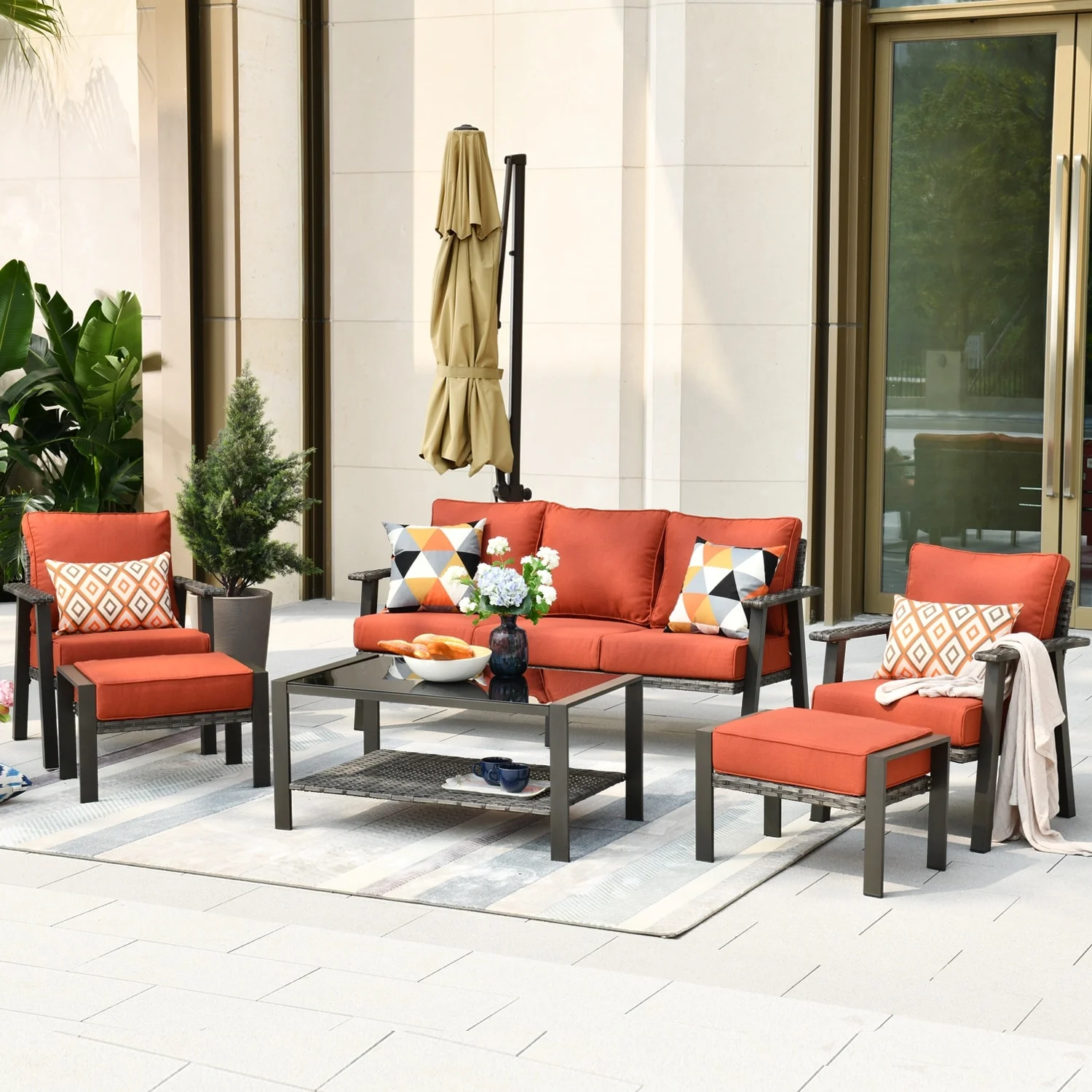 OVIOS  6-piece Outdoor Steel Frame Ottoman Wicker Set Red/Orange