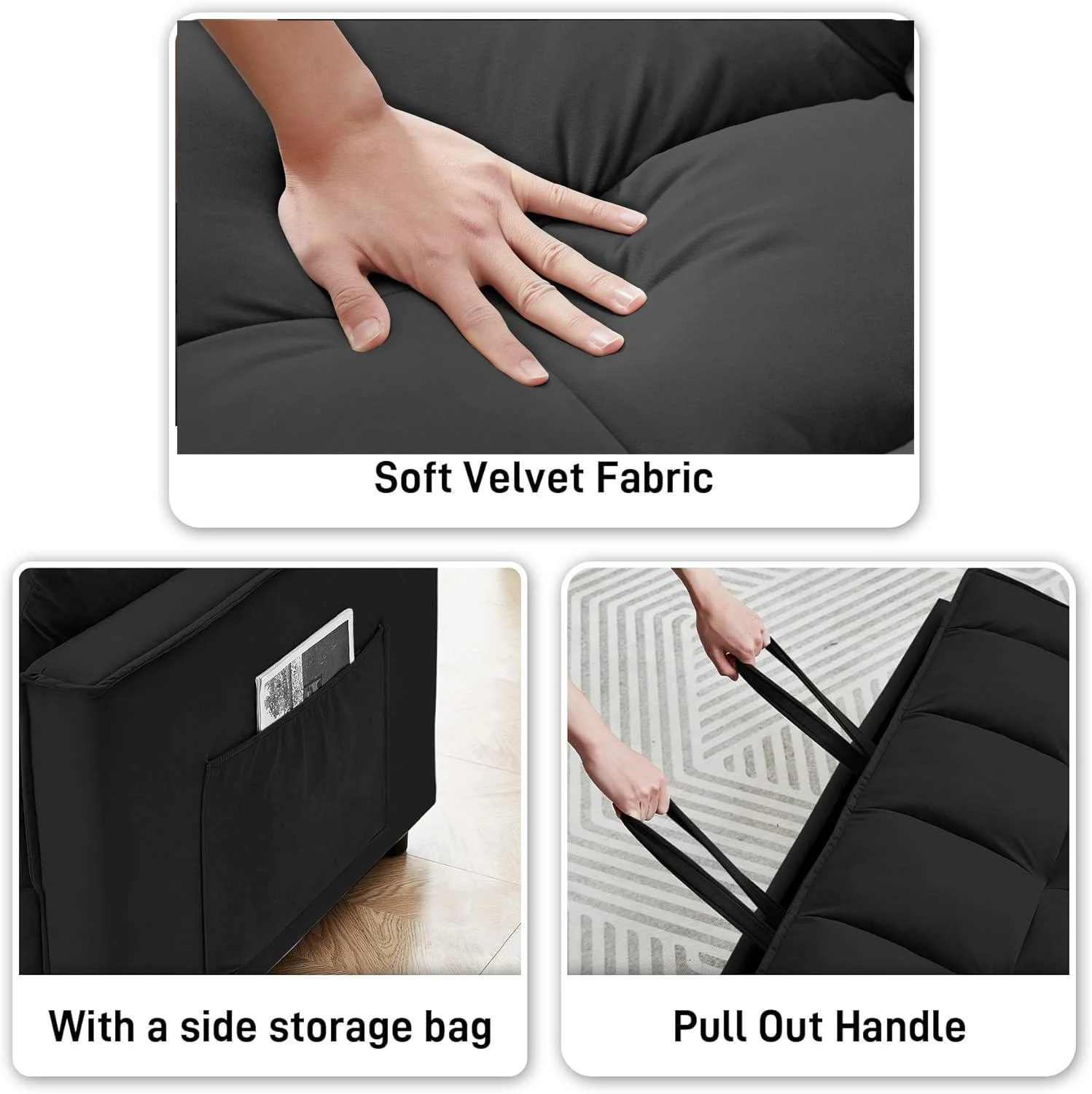 Bellemave Sleeper Sofa Bed 3-in-1 Convertible Couch with Pullout Bed, Futon 2-Seater Loveseat with Toss Pillows and Storage Pockets, 3 Level Adjustable Backrest Sofa for Living Room （Black）