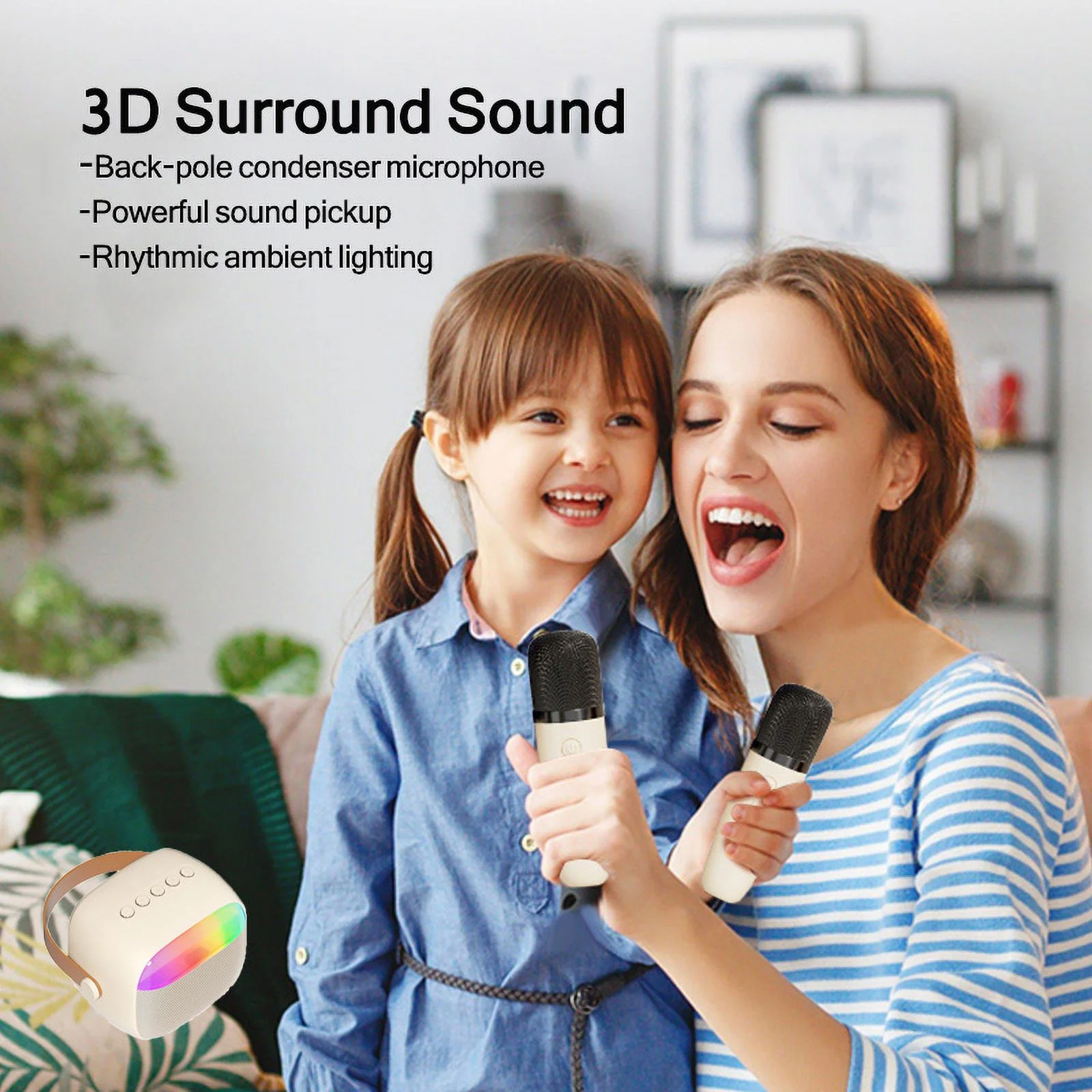 Mini Karaoke Machine for Kids, Portable Bluetooth Karaoke Singing Speaker with 2 Wireless Mics, Colorful Lights, Birthday Gifts for Girls Boys Home Party, Beige