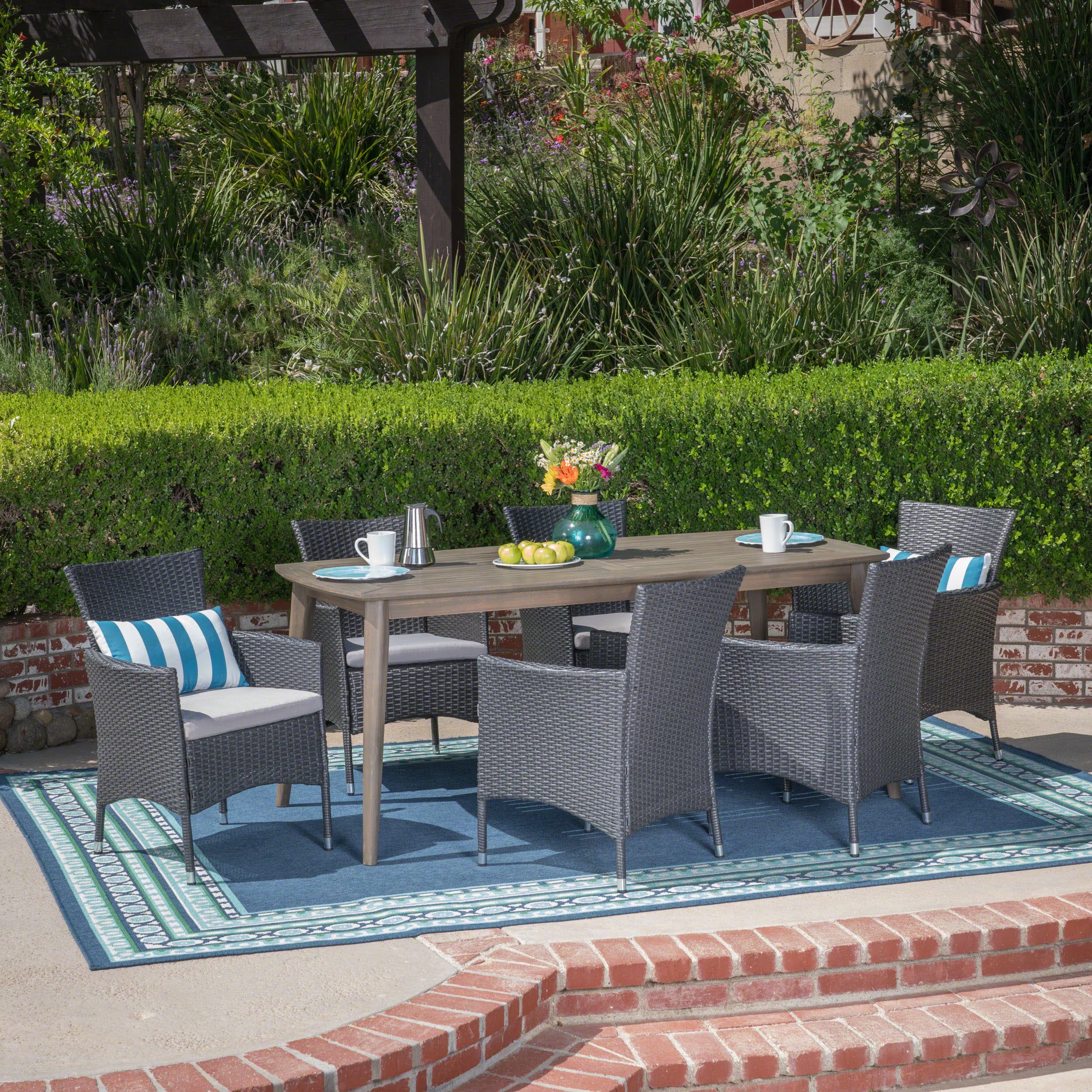 GDF Studio Soniat Outdoor Wicker and Acacia Wood 7 Piece Dining Set with Cushion, Teak, Gray and Light Gray