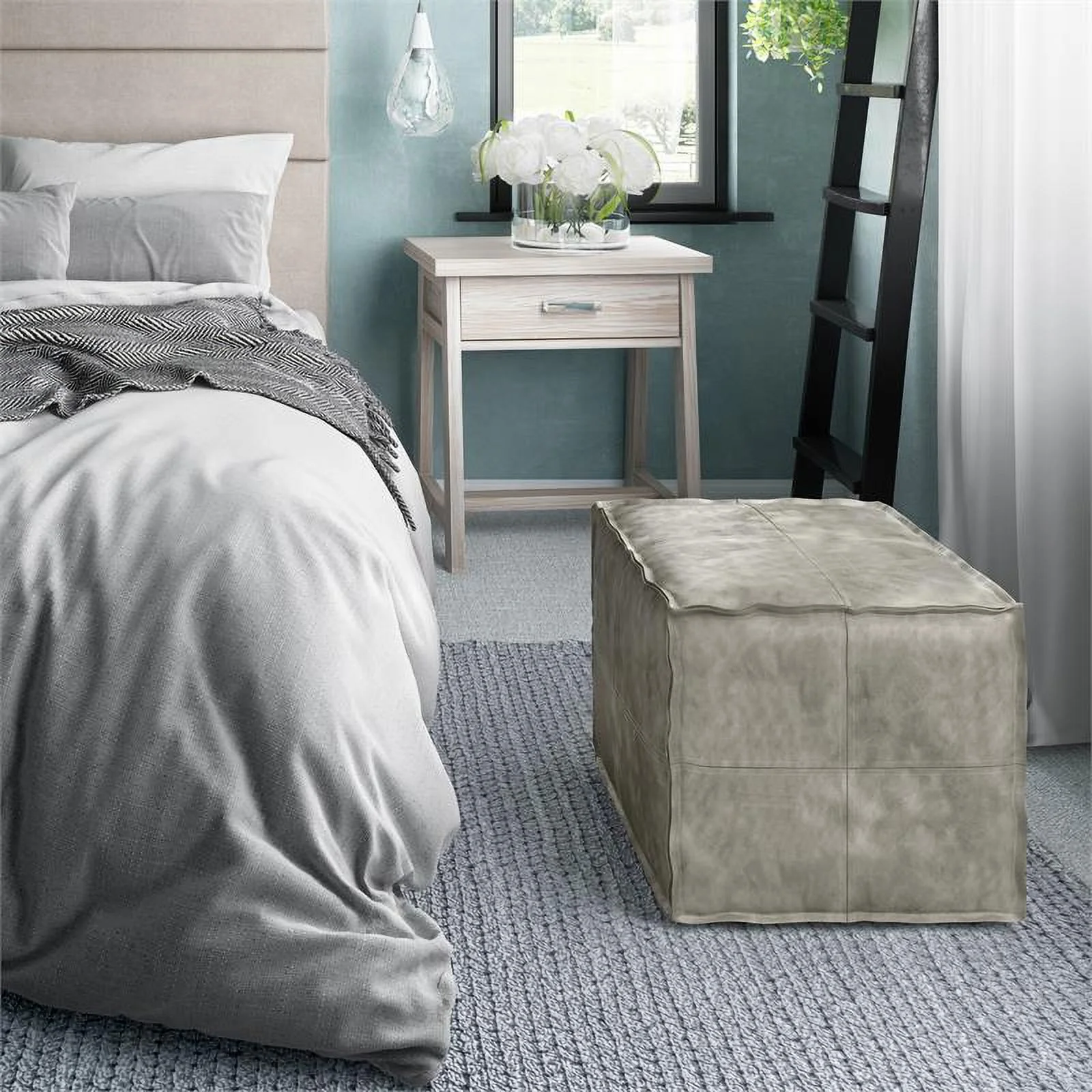 Trent Home Boho Square Pouf in Distressed Gray Faux Leather