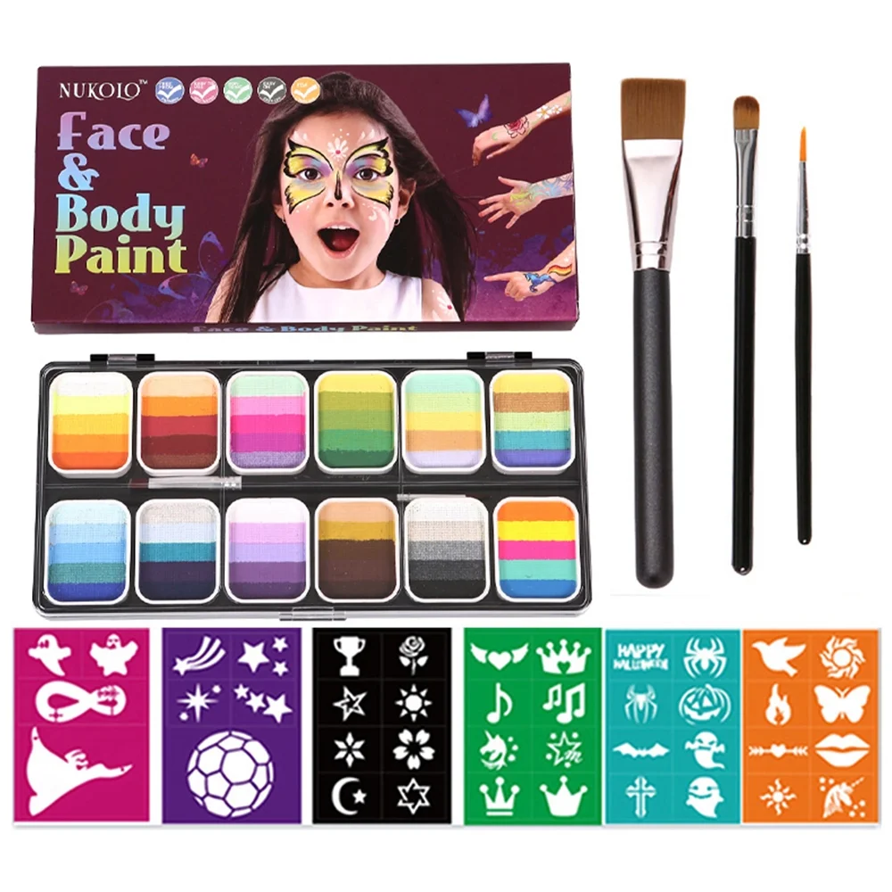 colour,Body Makeup Cakes Colors Toxic Water Setwith 3 Split Cakes Brush 6 Watercolor Cosmetic Cream Professional Split 6 Stencil Festival Art Party Festival 3 Brush Set Professional Non Toxic