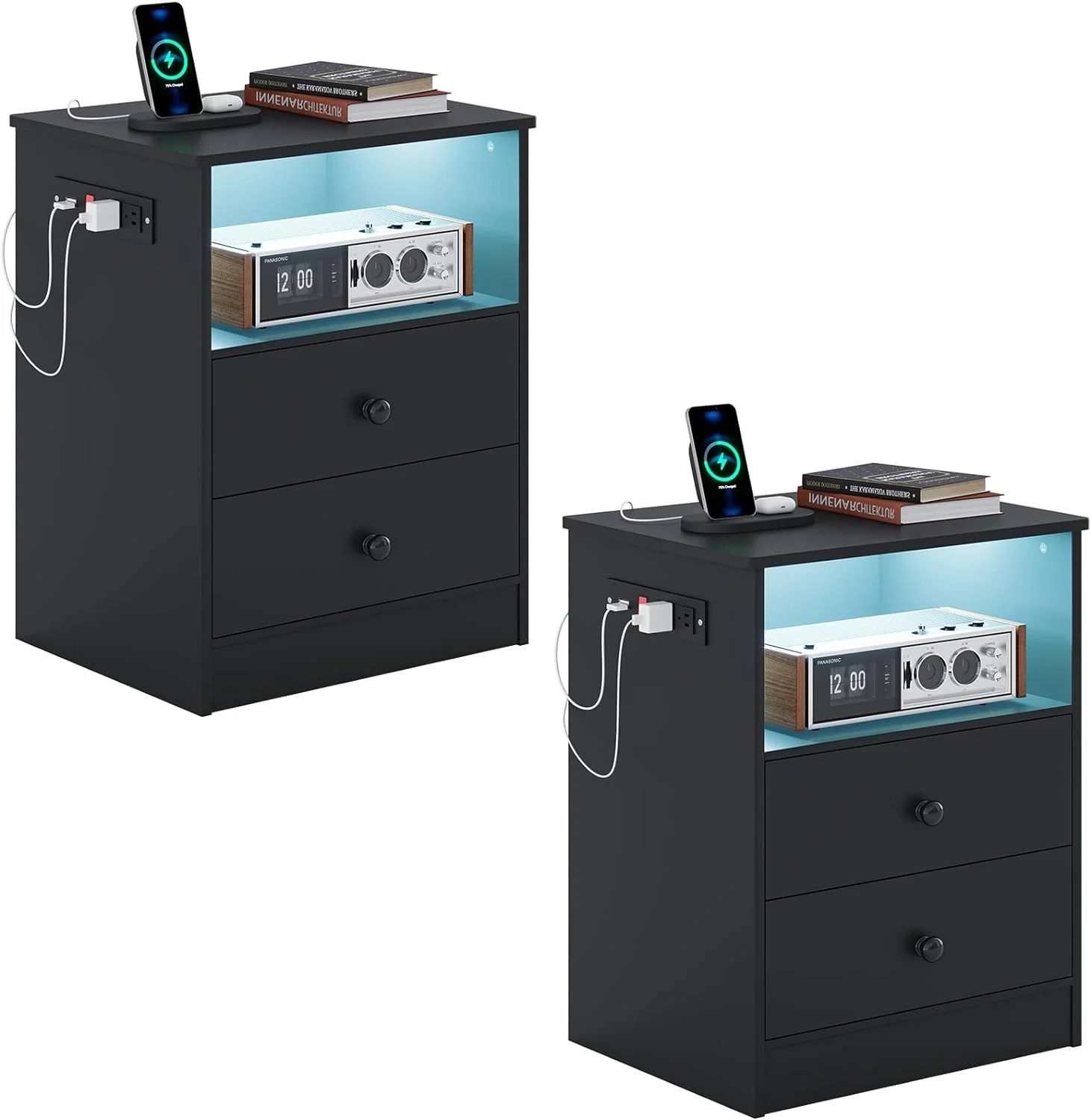LED Light Nightstand Set of 2 with Charging Station, Bedside Table with 2 Drawers, Black End Table for Bedroom, Dimensions 17.7'' x 13.8'' x 23.5''