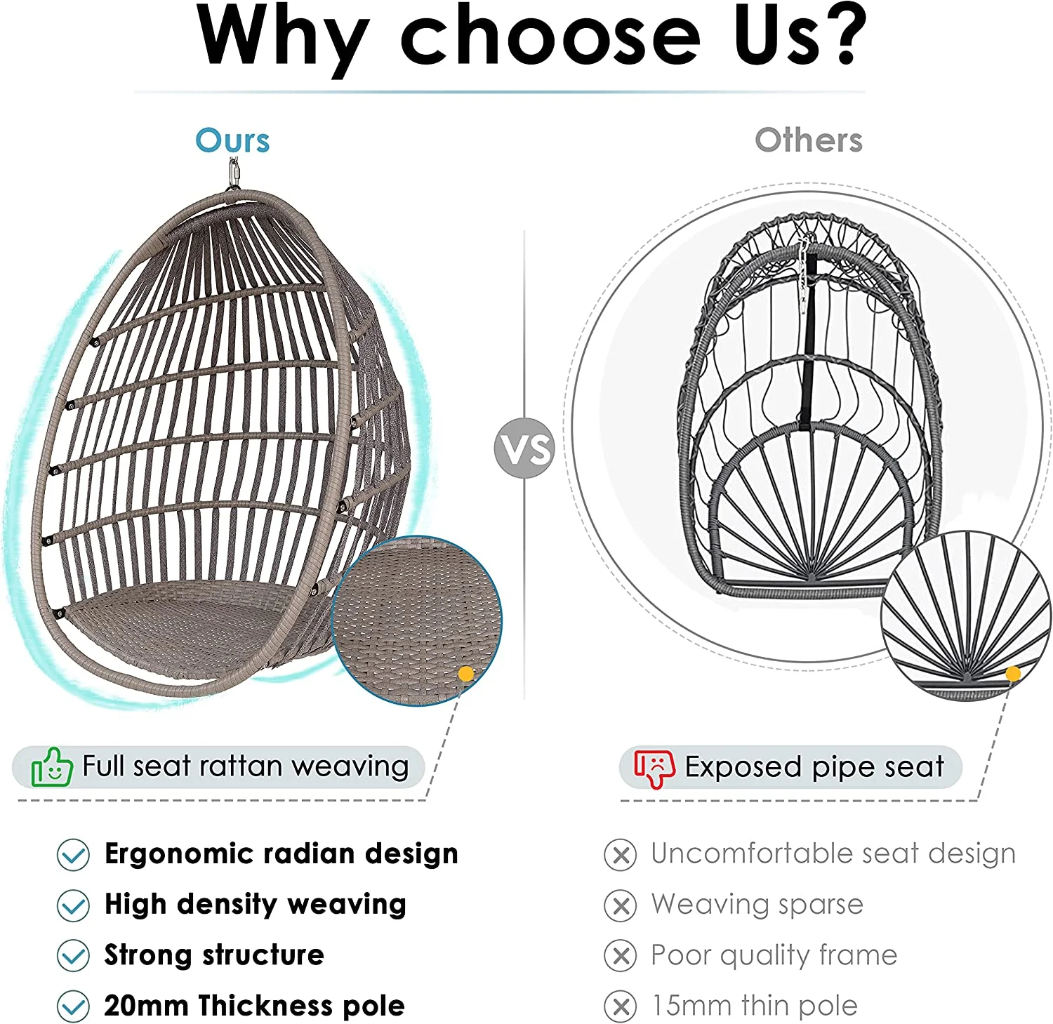 Hanging Egg Chair, Indoor/Outdoor Swing Egg Chair Without Stand, Wicker Hammock Chair Swing with Cushion&Pillow,Hanging Chain, Hanging Egg Chair for Bedroom Patio Backyard,Light gery+Green