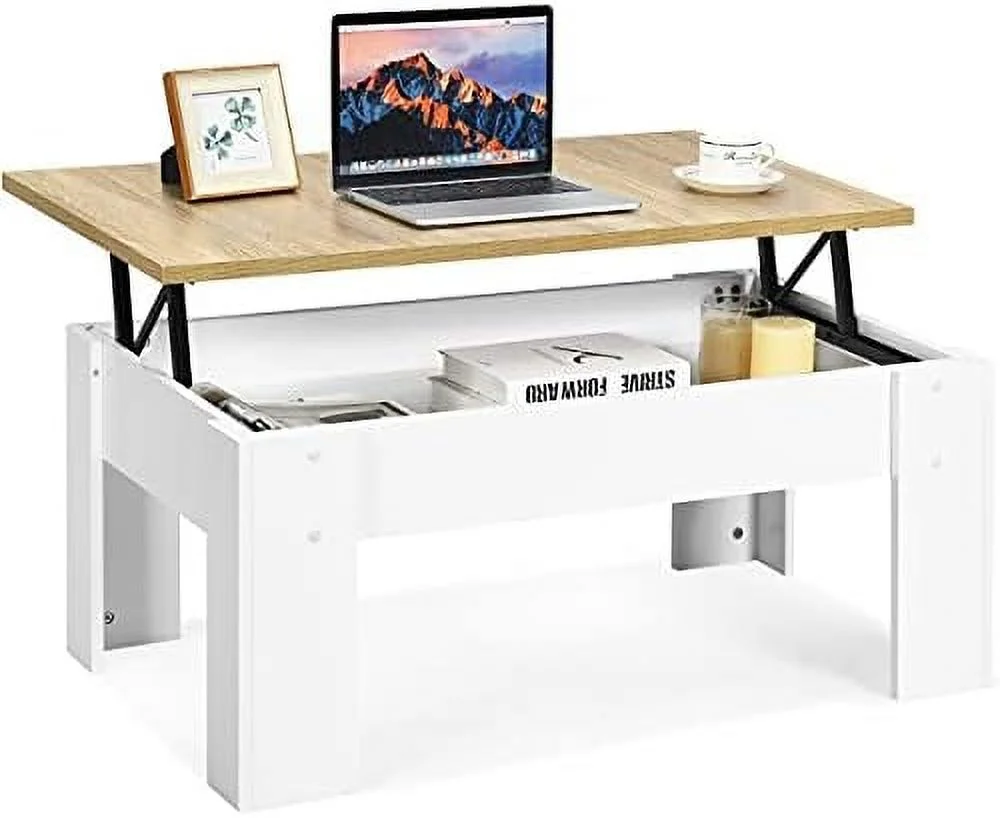 TJUNBOLIFE Wood Lift Top Coffee Table  Pop-Up Cocktail Table with Hidden  Compartment  Sofa Center Table for Living Room/White