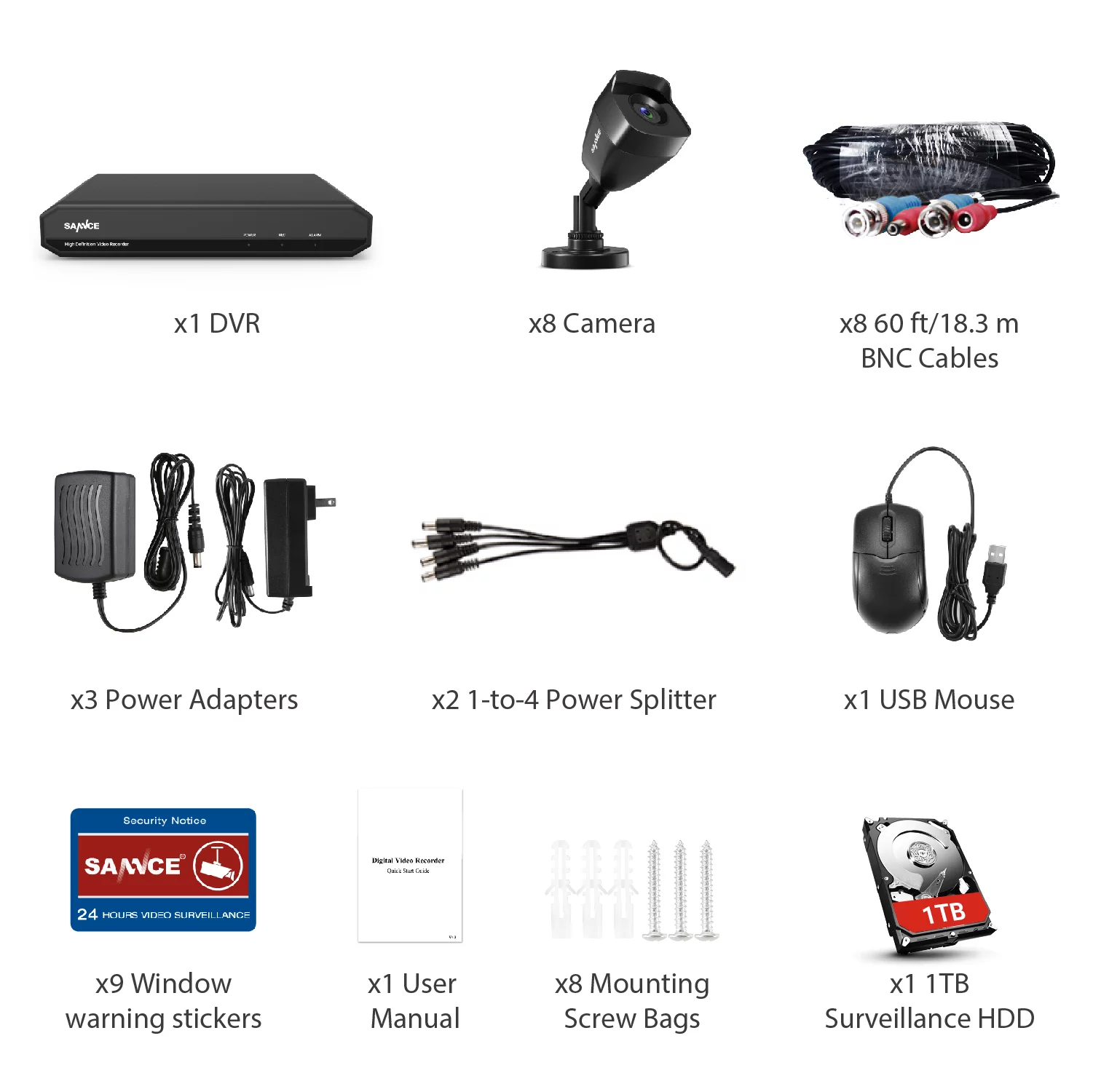 SANNCE 1080p 8CH Security Camera System 5-in-1 CCTV DVR Recorder with 8pcs Waterproof Wired Surveillance Cameras,1TB Hard Drive