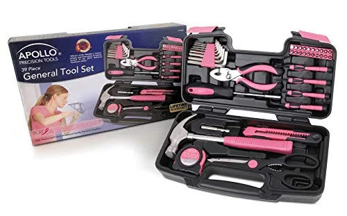 APOLLO TOOLS Original 39 Piece General Household Tool set in Toolbox Storage Case with Essential Hand Tools for Everyday Home Repairs, DIY and Crafts Pink/Black - Pink Ribbon- DT9706P