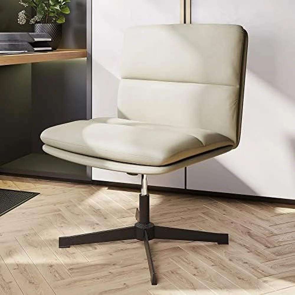 Office Chair  PU Leather Armless Office Desk Chair no Wheels  Wide Padded Swivel Vanity Chair Computer Desk Chair with Height Adjustment and Tilt   300 LBS Capacity - Ivory (Beige)