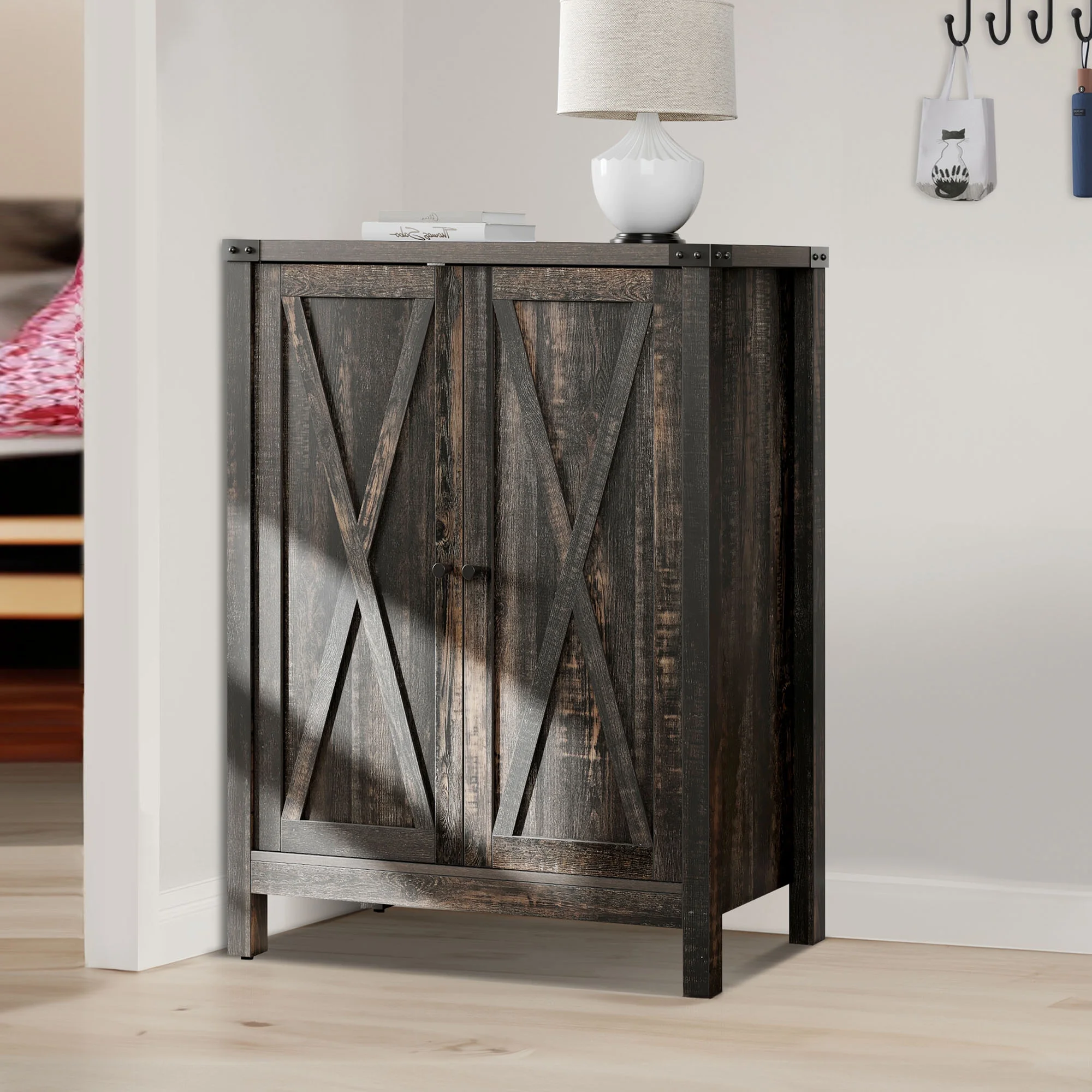 Dextrus Farmhouse Shoe Cabinet with Barn Doors, 5-Tier Shoe Storage Rack Organizer for Entryway/Hallway/Closet, Dark Rustic Oak, 2PCS