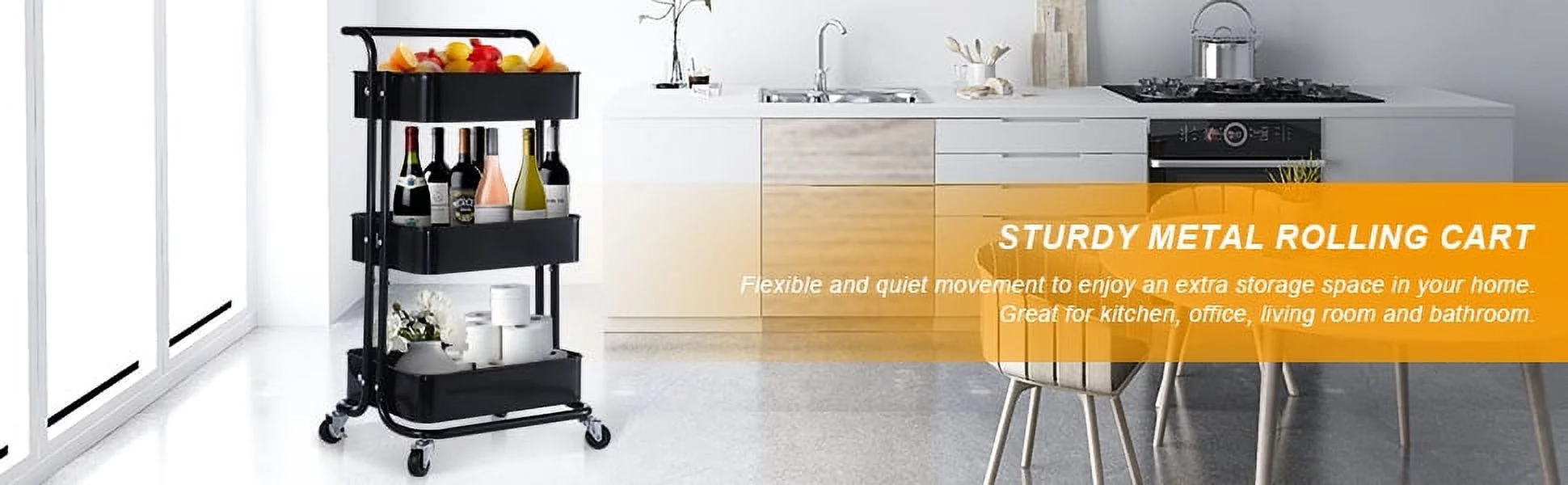 Adrinfly 3-Tier Metal Rolling Utility Cart, Heavy Duty Craft Cart with Wheels and Handle, Black