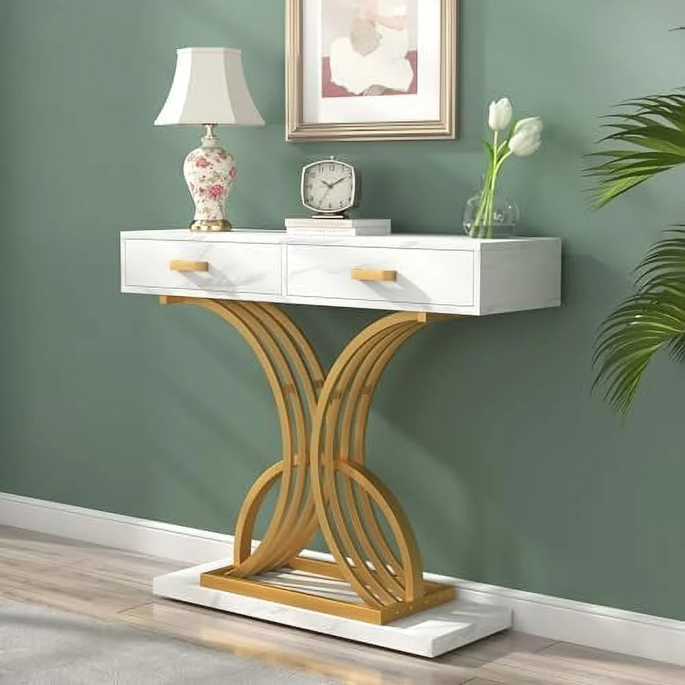 MQLIFEBOOM White Gold Console Table with Two Drawers  39 Inches Modern Entryway Table with   Faux Marble Tabletop Hallway Table with Geometric Gold Legs